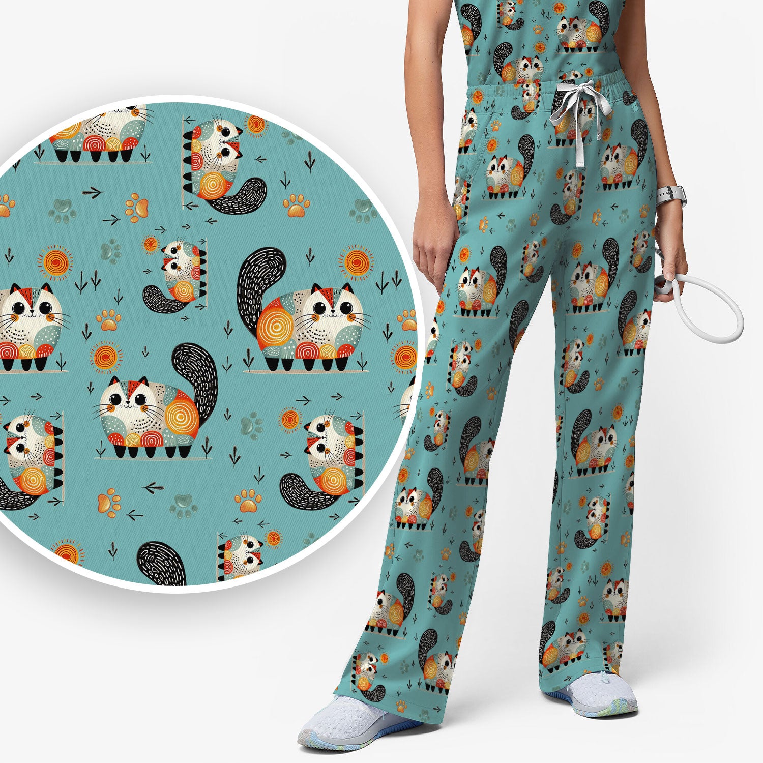 Playful Cat Illustration Women's Scrub Set, Breathable Med Uniform