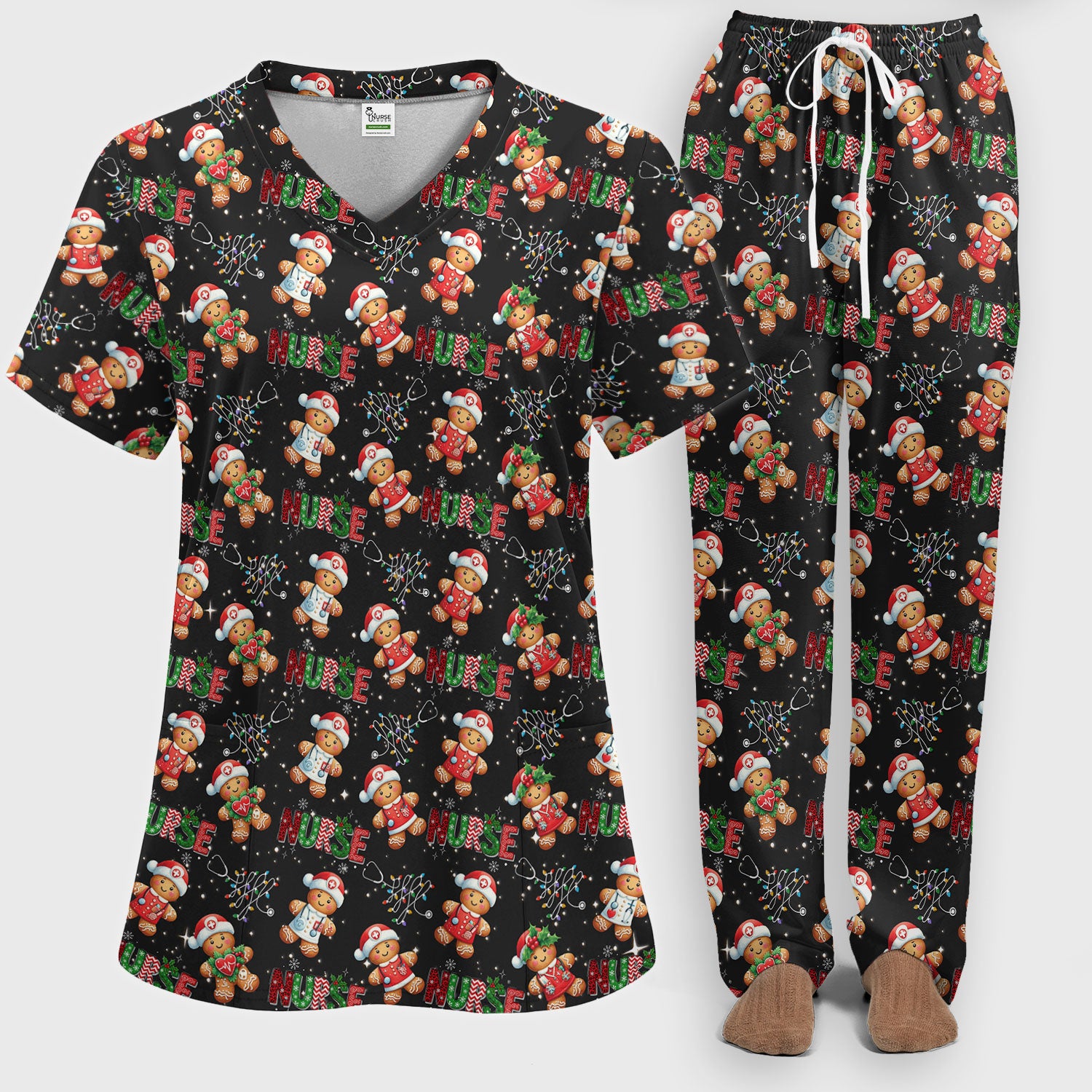 Christmas Gingerbread Women's Scrub Sets - Comfortable Scrubs for Nurses - Xmas Scrub Pants and V Neck Top for Her