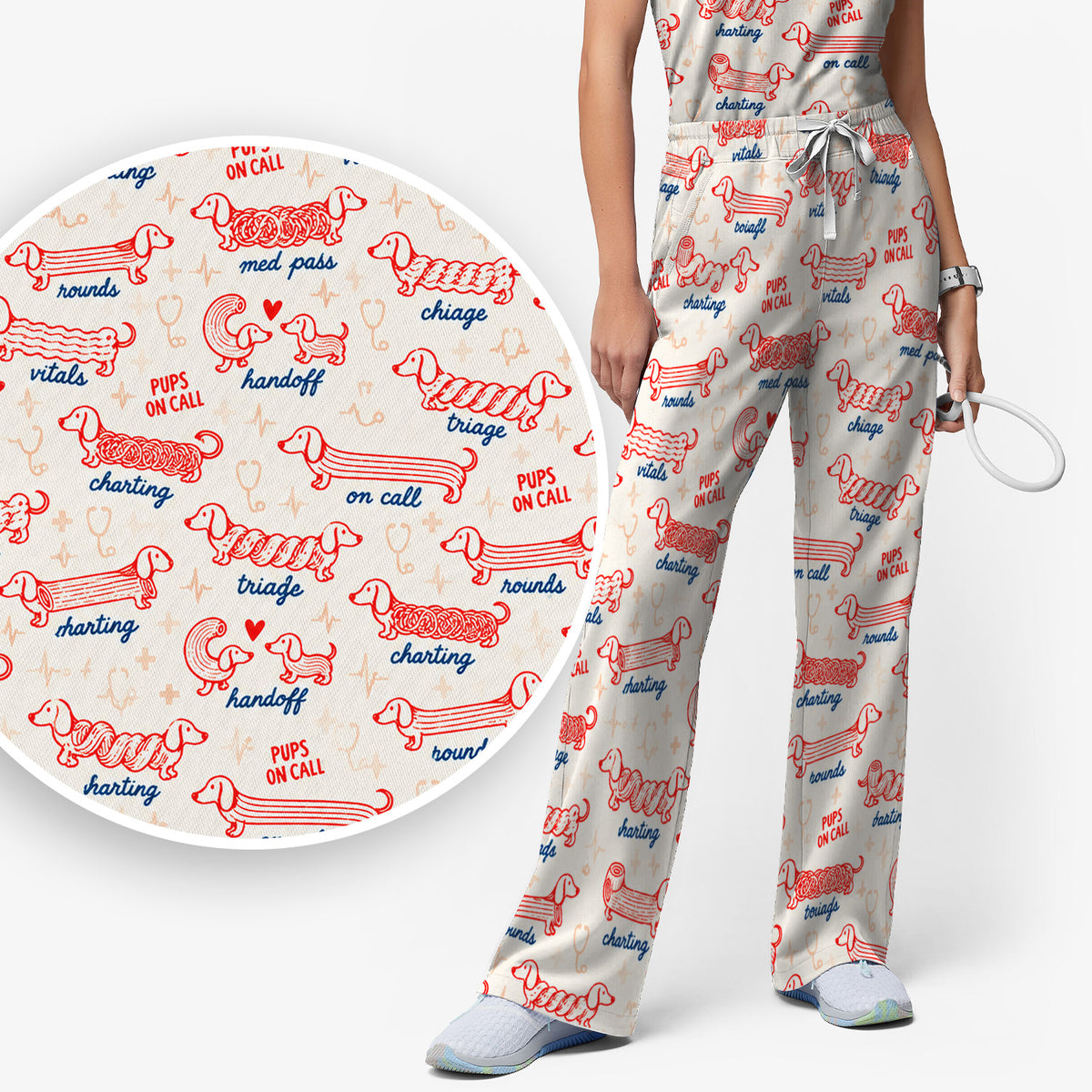 Cute Pups On Call Dachshund Pattern Scrub Set, Scrub Pants and V Neck Top