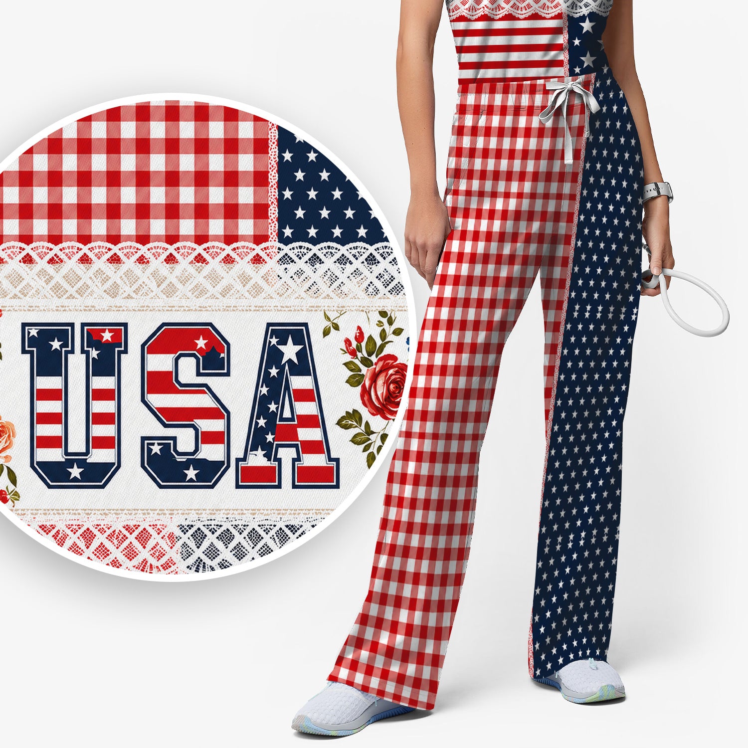 Patriotic Patchwork with USA Flag Pattern Scrub Set, Scrub Pants and V Neck Top