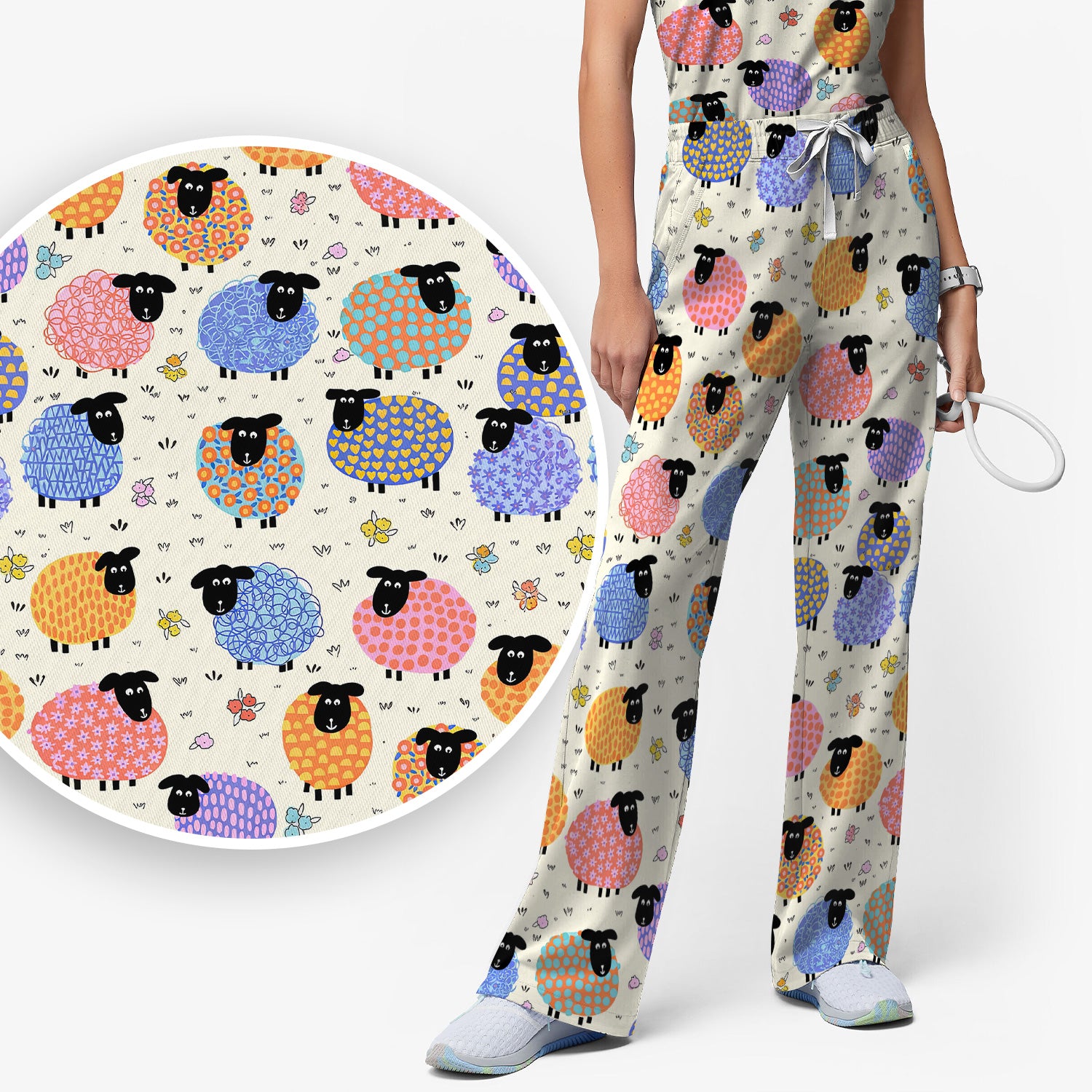 Funny Colorful Sheep Pattern Scrub Set, Scrub Pants and V Neck Top