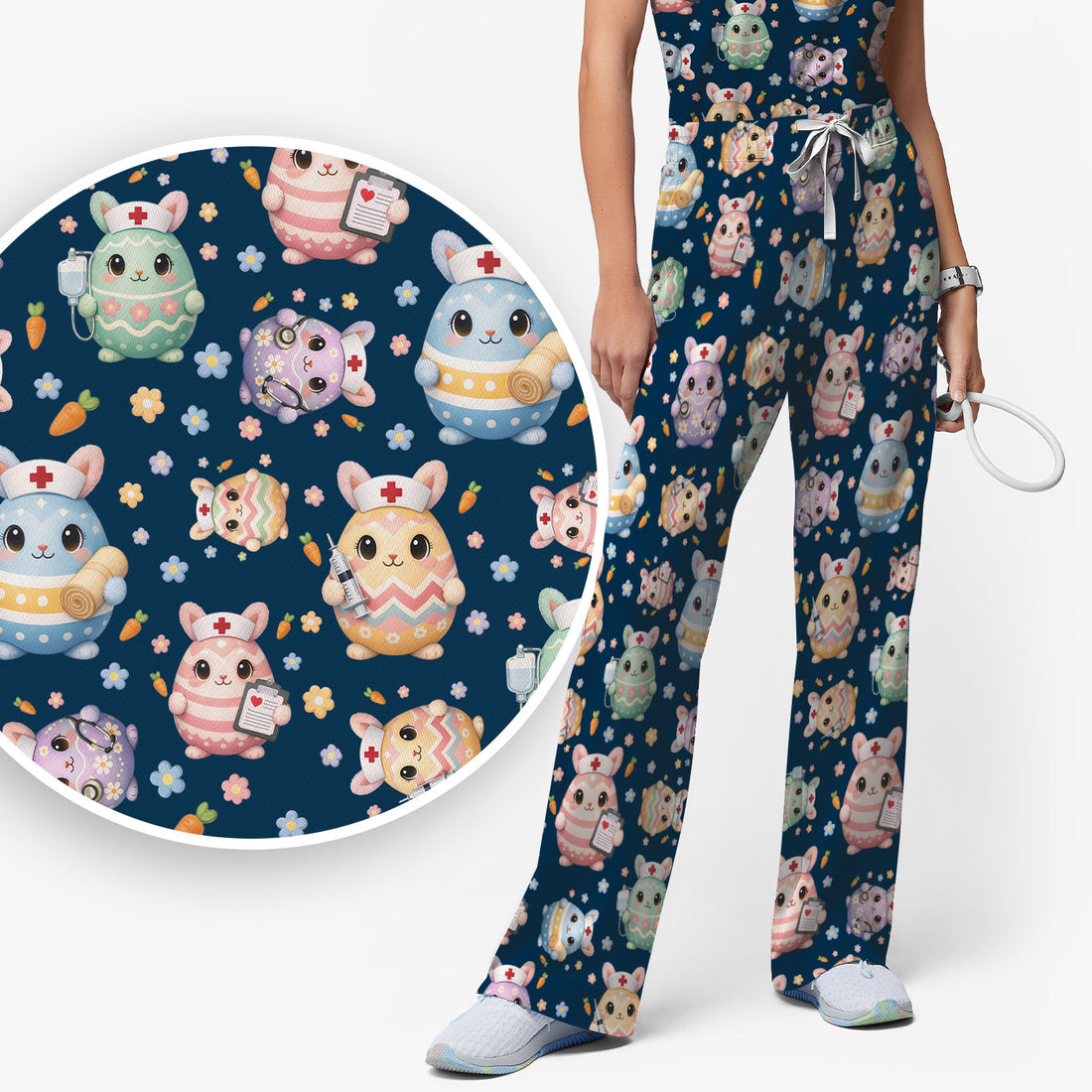 Cute Nurse Bunny Pastel Floral Print Women's Scrub Sets,  Breathable Med Uniform