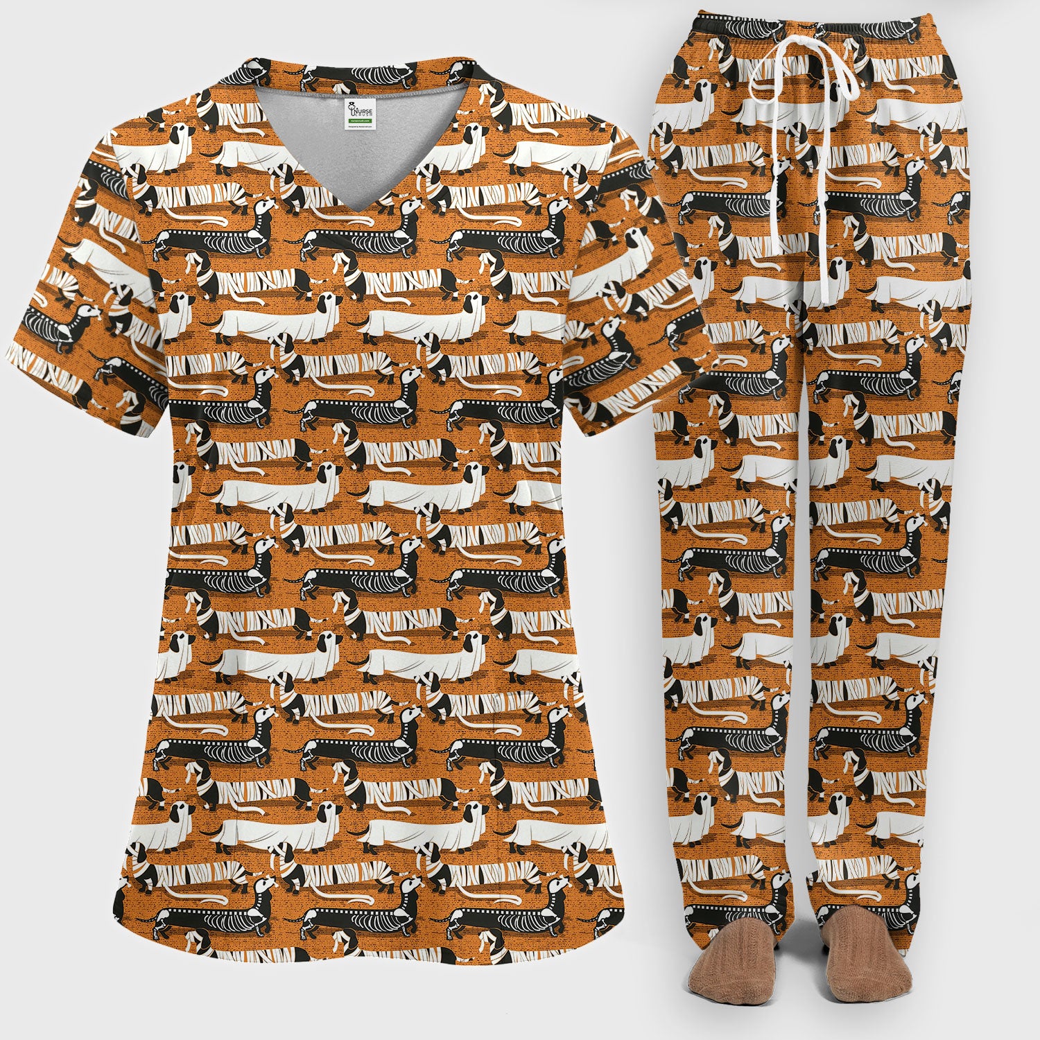Halloween Scrub Set for Women - Spooky Skeleton Med Uniform - Dachshund Nursing Pants - Ugly Sweater for Wiener Dog Lover