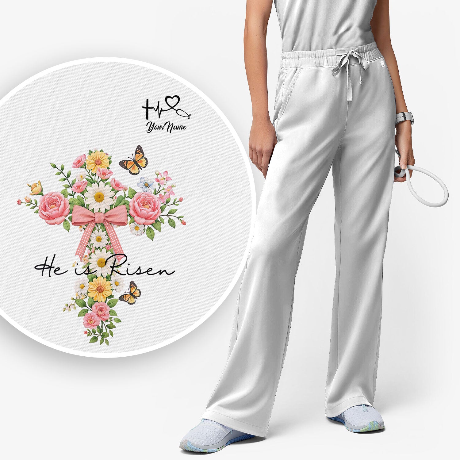 Personalized Meaningful Easter Nurse He Is Risen Floral Cross Bow Pattern Scrub Set, Women's Scrub Sets