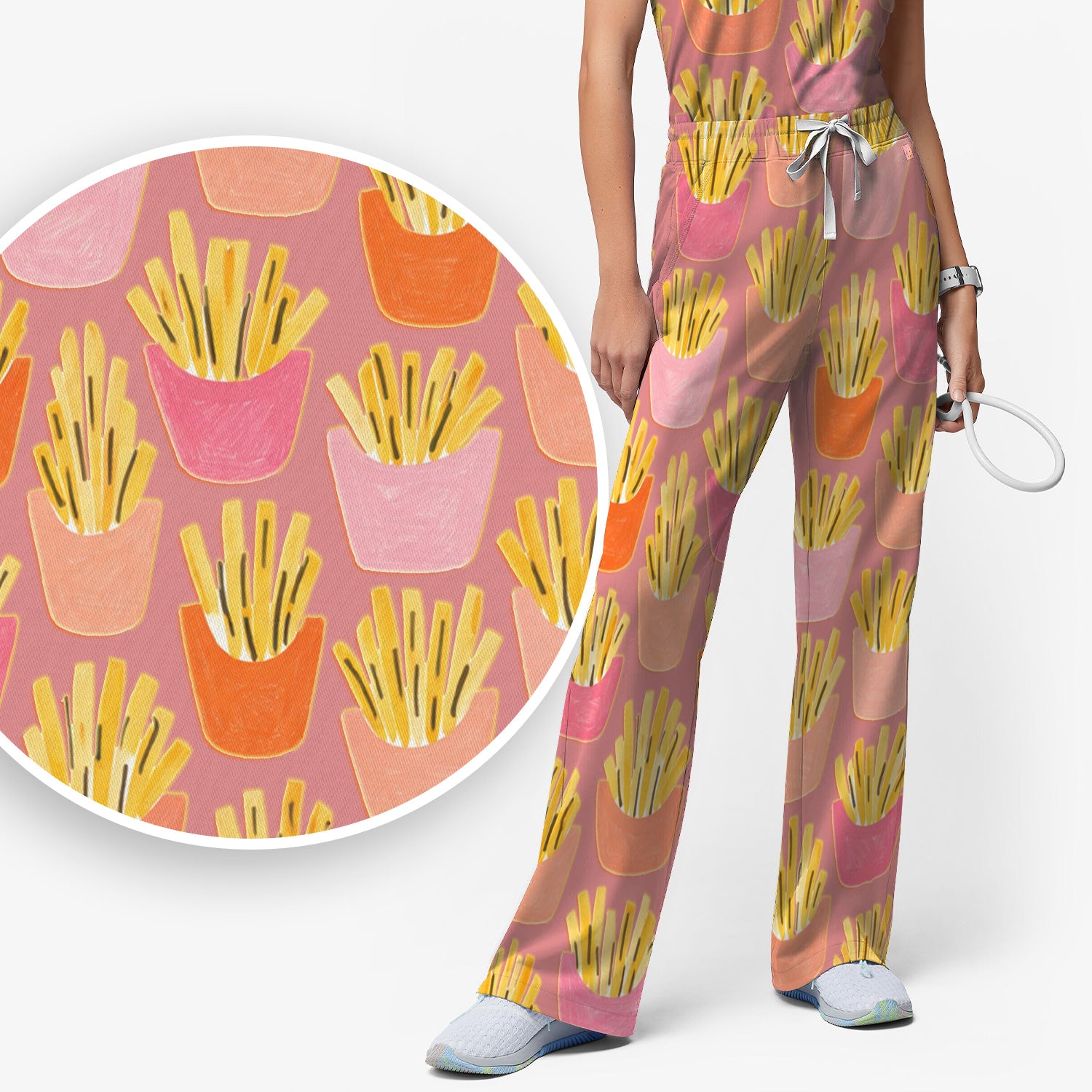 Funny French Fries Snack Food Pattern Scrub Set, Breathable Med Uniform