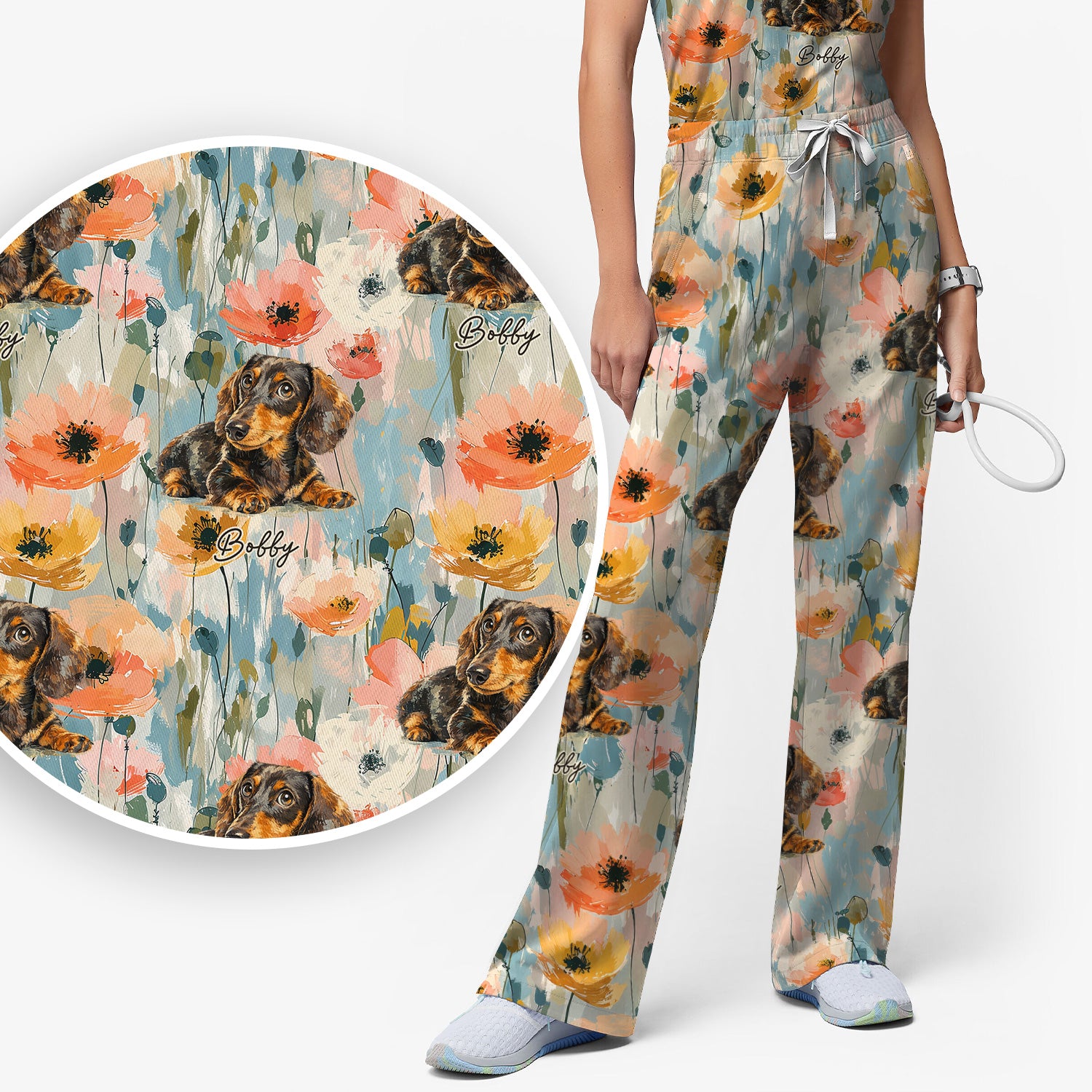 Personalized Dachshund Floral Portrait Pattern Scrub Set, Scrub Pants and V Neck Top