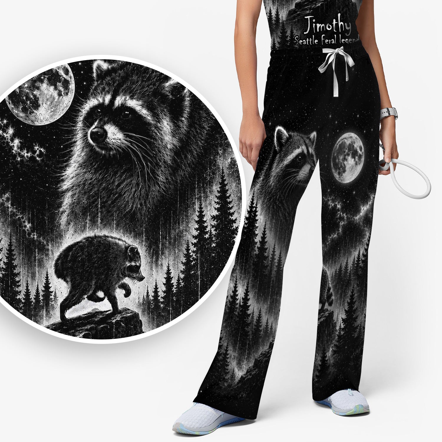 Moonlit Raccoon Forest Print Scrub Set, Scrub Pants and V Neck Top