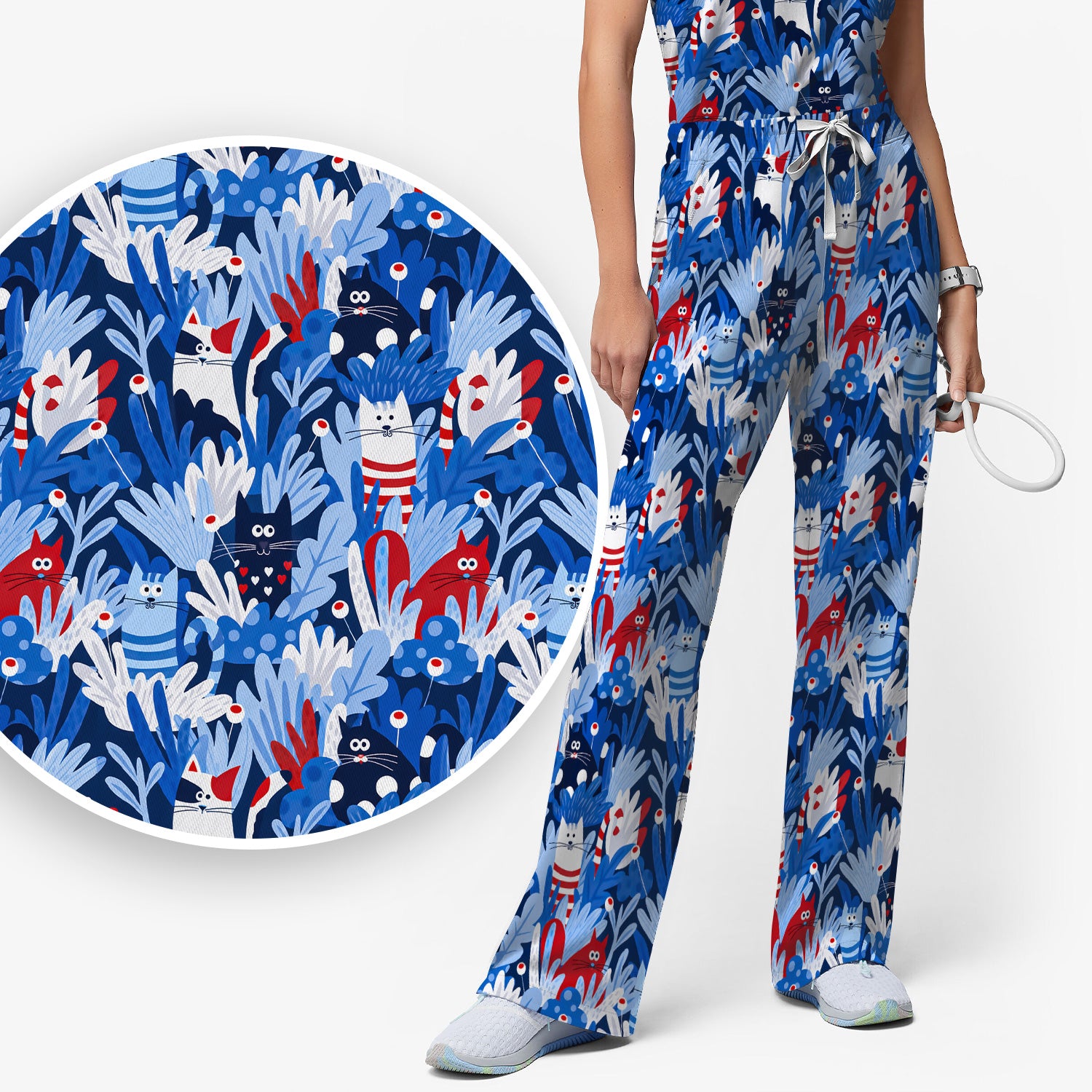 Cute Cats Among Blue Foliage Pattern Scrub Set, Scrub Pants and V Neck Top