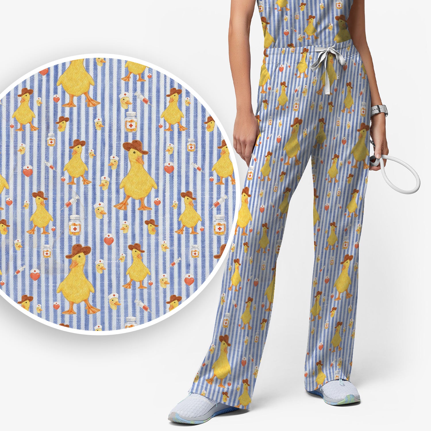 Cowboy Ducktor Vertical Stripe Pattern Scrub Set, Breathable Med Uniform