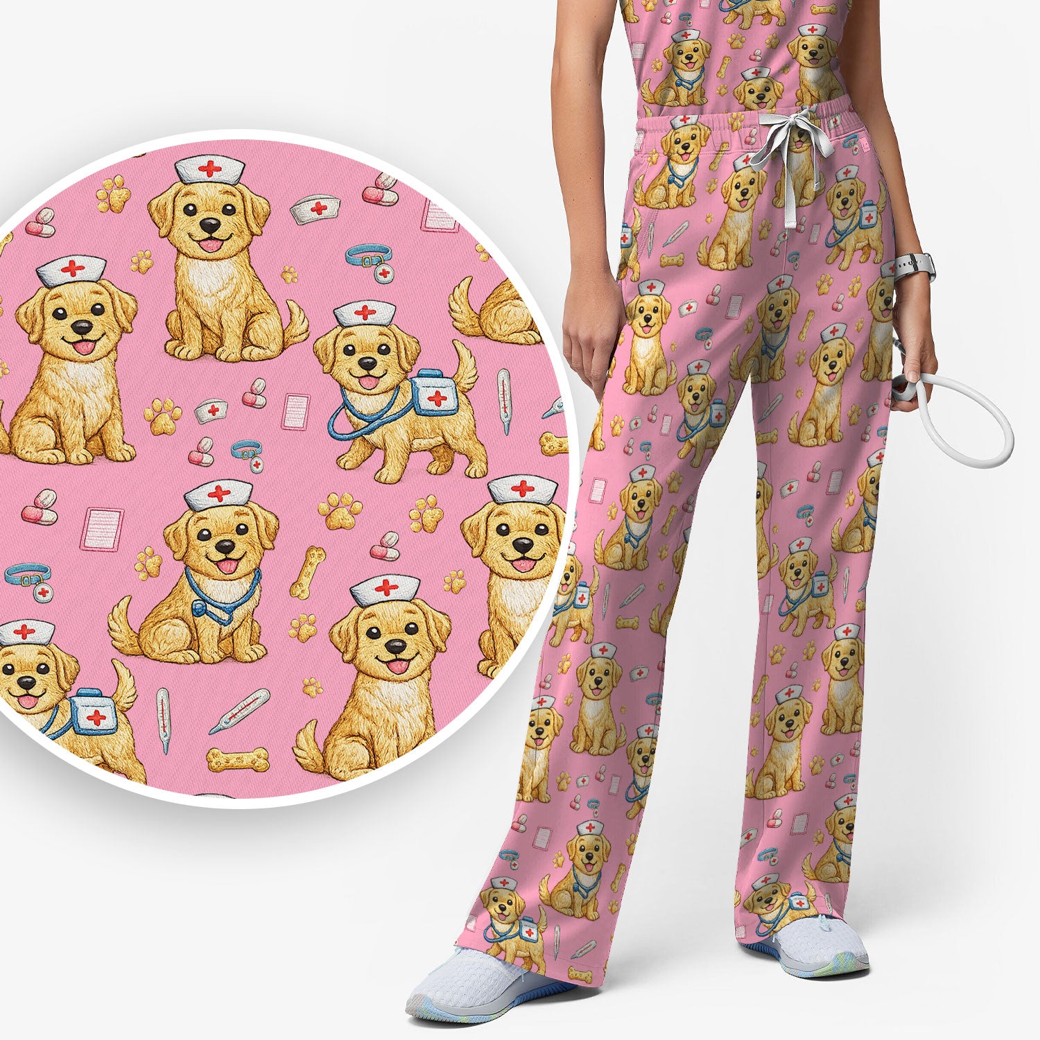 Cute Puppy Nurse Medical Print Women’s Scrub Set, Scrub Pants and V Neck Top