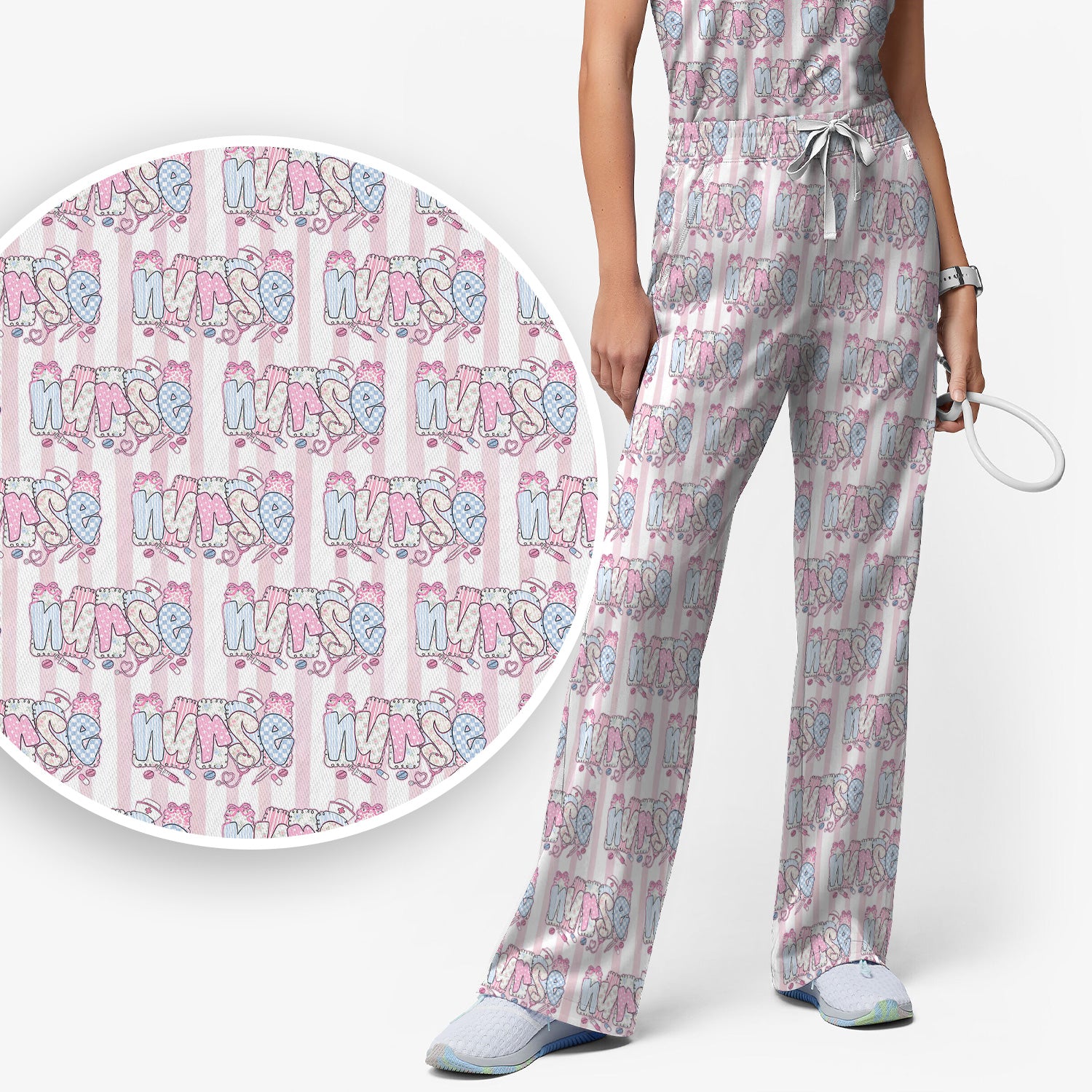 Cute Pastel Nurse Pattern Scrub Set, Scrub Pants and V Neck Top