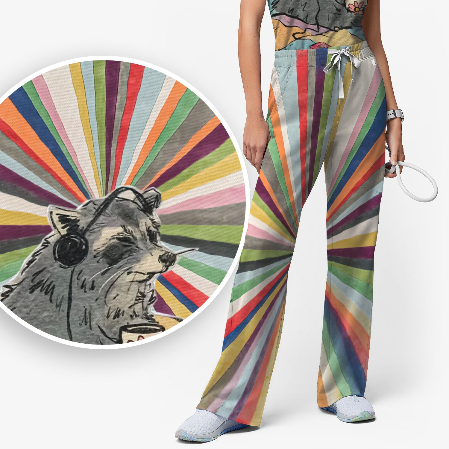 Chill Raccoon Rainbow Music Pattern Scrub Set, Scrub Pants and V Neck Top
