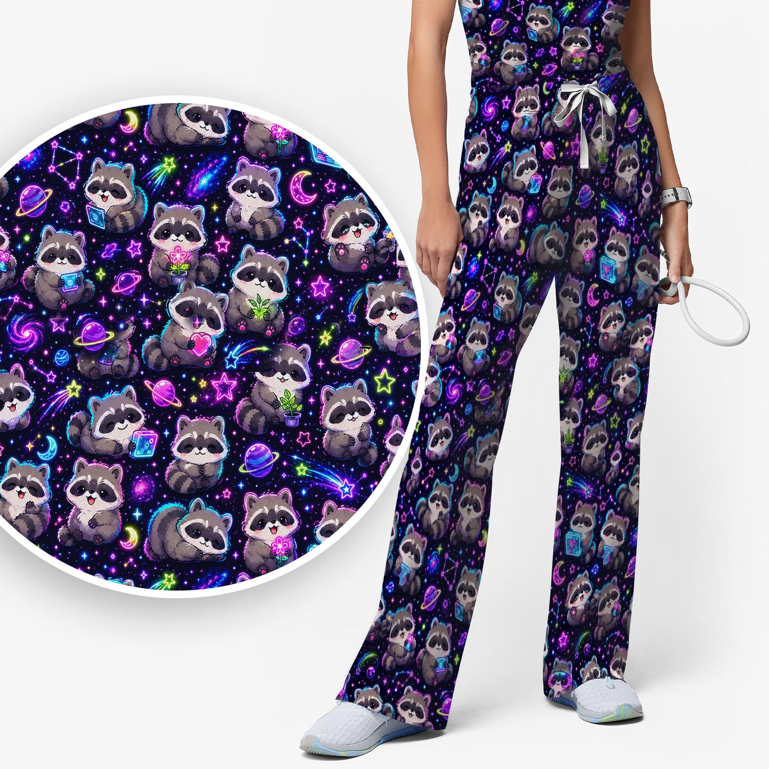 Neon Galaxy Raccoon Space Pattern Scrub Set, Scrub Pants and V Neck Top