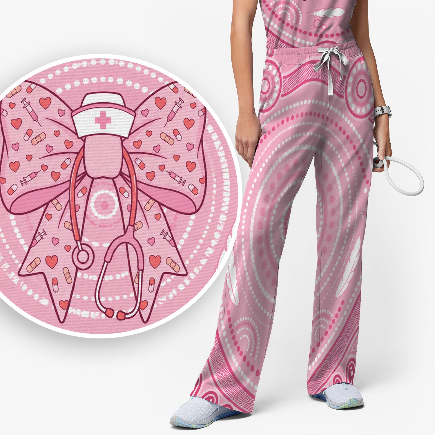 Pink Nurse Bow Stethoscope Pattern Scrub Set, Scrub Pants and V Neck Top
