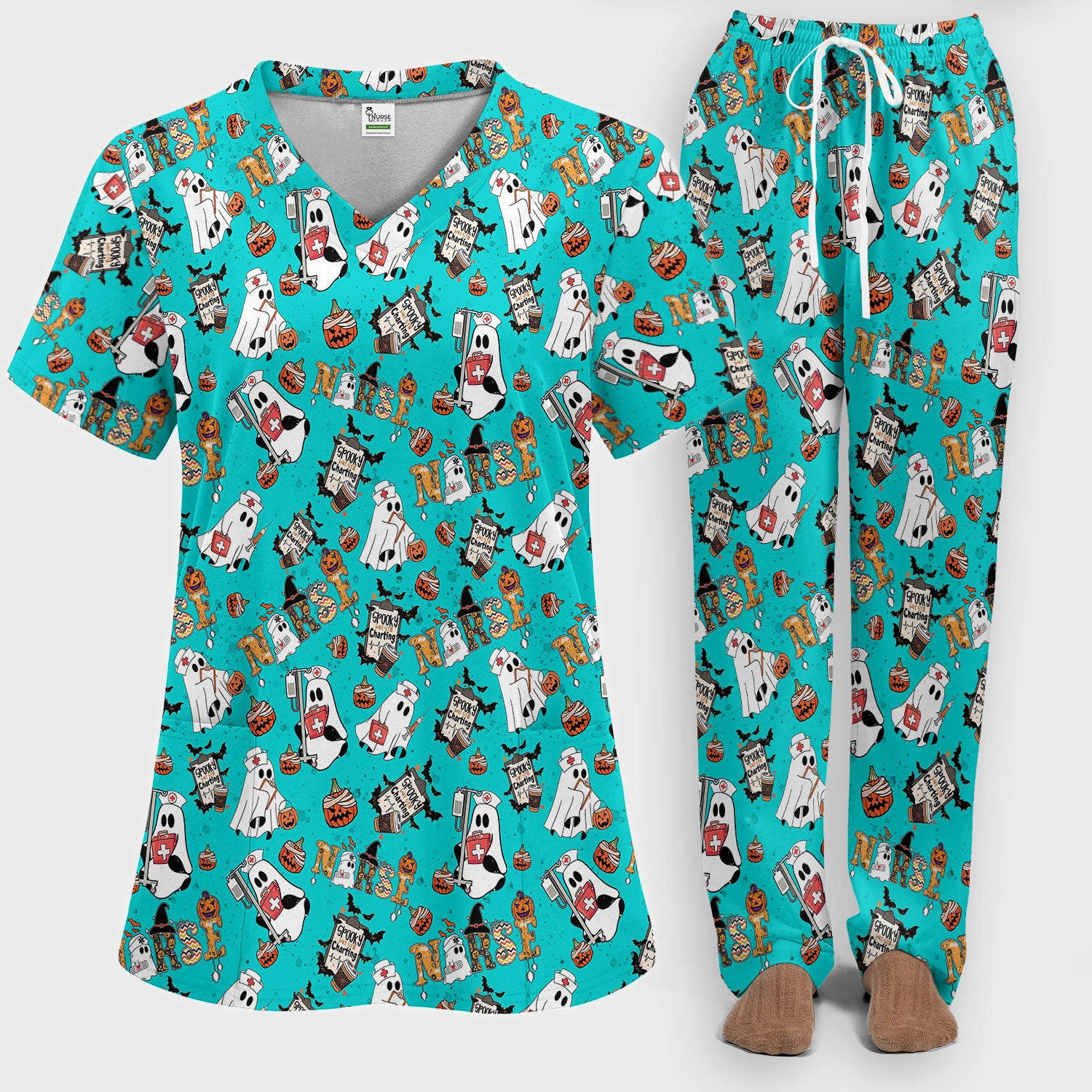 Halloween Women's Scrub Sets - Spooky But Still Charting - Funny Scrubs for Nurses - Horror Pumpkin Scrub Pants and V Neck Top