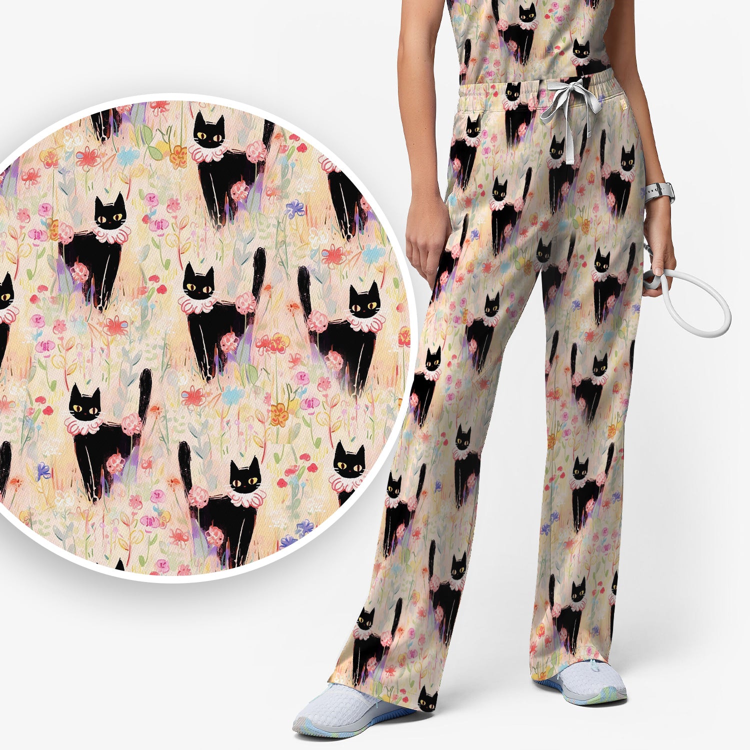 Black Cat Floral Garden Nurse Pattern Scrub Set, Scrub Pants and V Neck Top