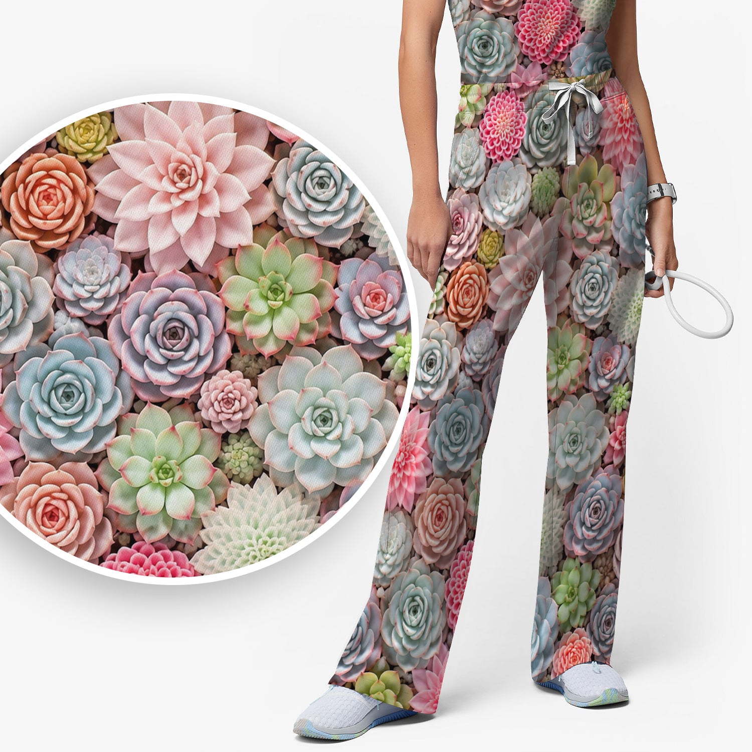 Cute Pastel Succulent Blossom Pattern Scrub Set, Scrub Pants and V Neck Top