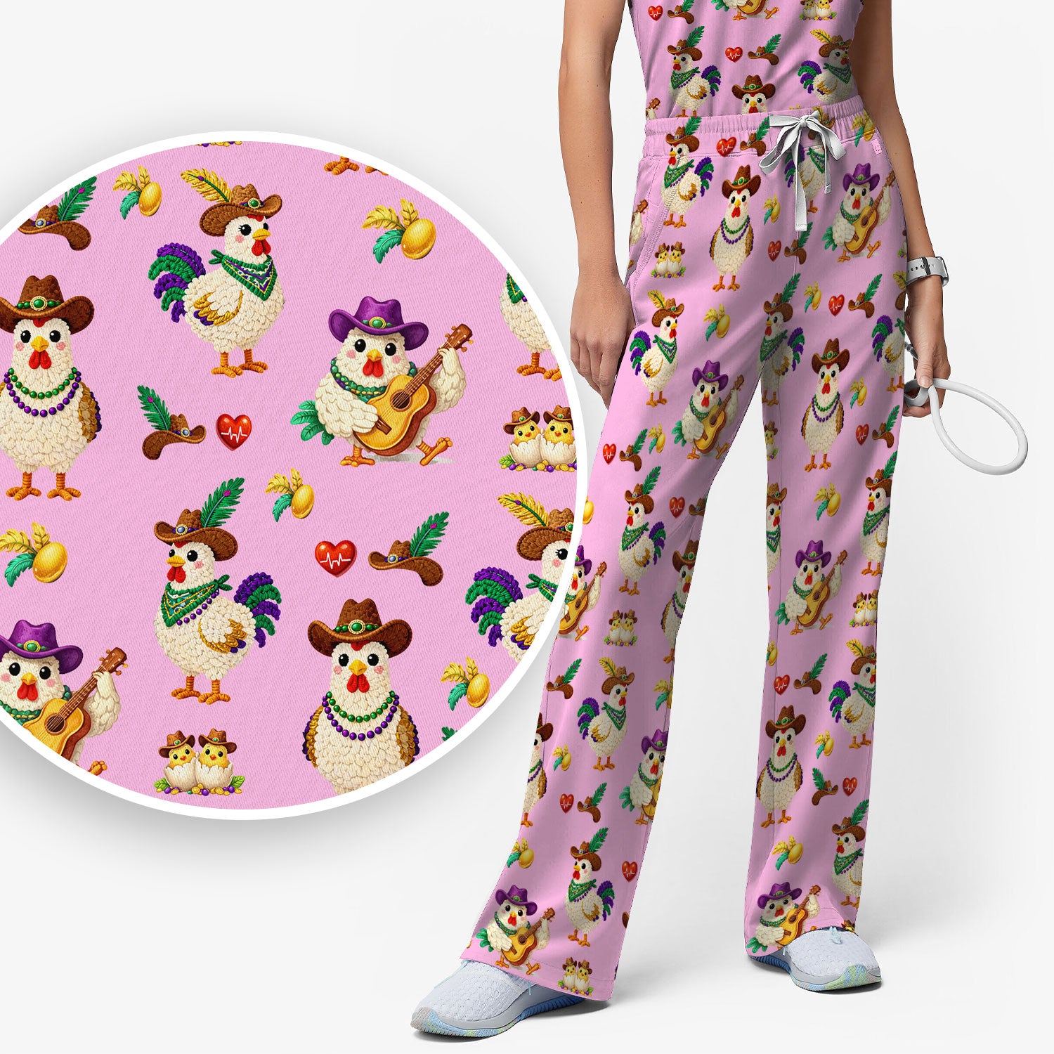 Funny Mardi Gras Rooster Cowboy Print Set, Women's Scrub Sets