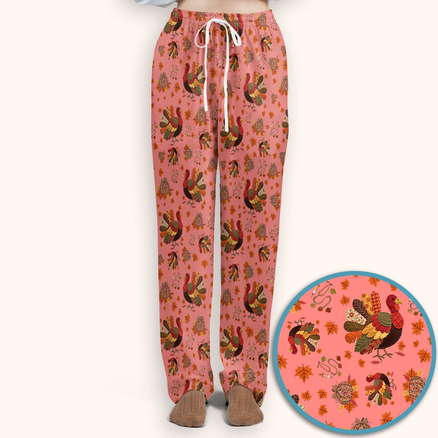 Thanksgiving Turkey Nurse Scrub Sets for Women - Fall Leaves Scrub Pants and V Neck Top - Autumn Nursing Uniform