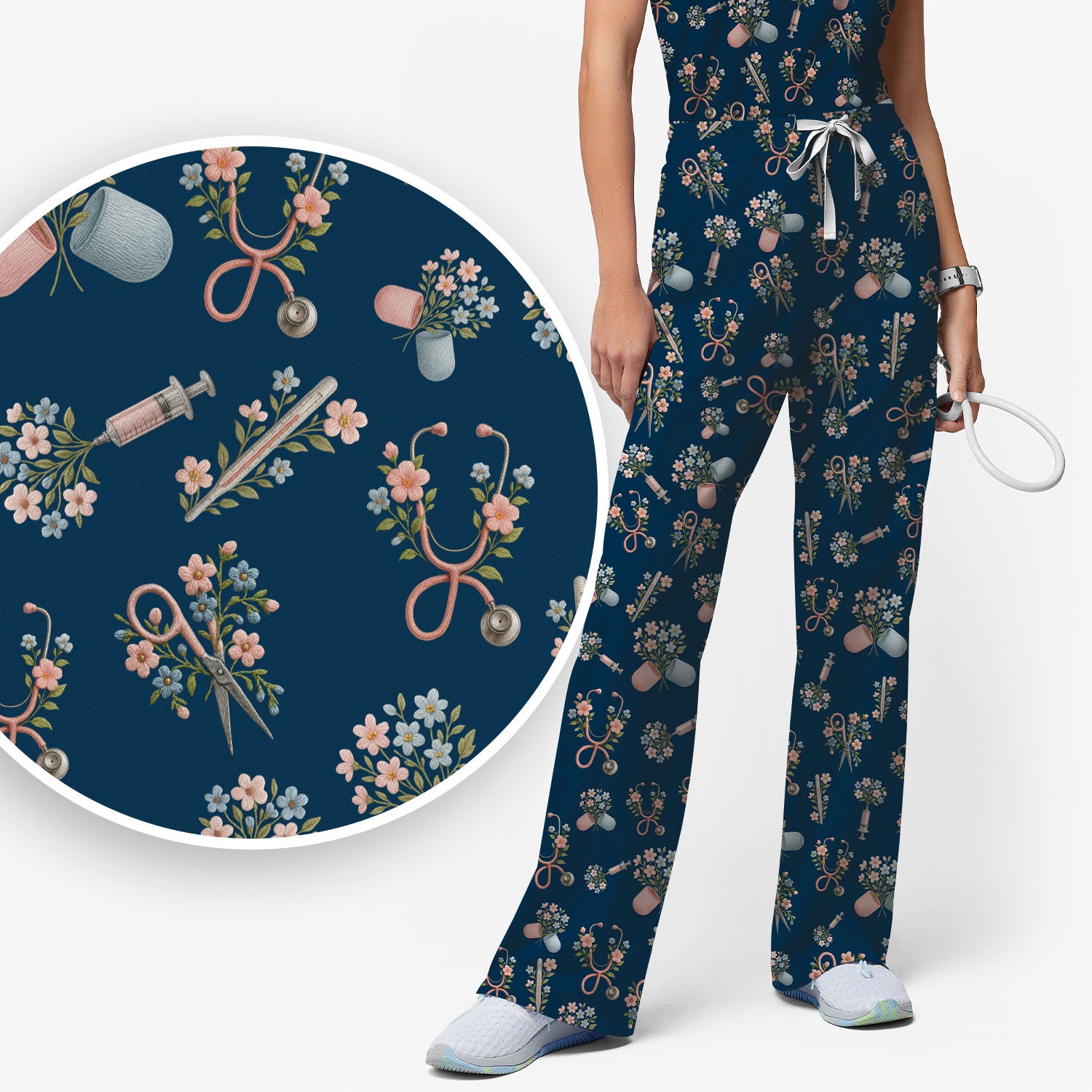 Floral Medical Scrub Set, Elegant Stethoscope With Flower Nursing Shirt, Breathable Fabrics Nurse Uniform