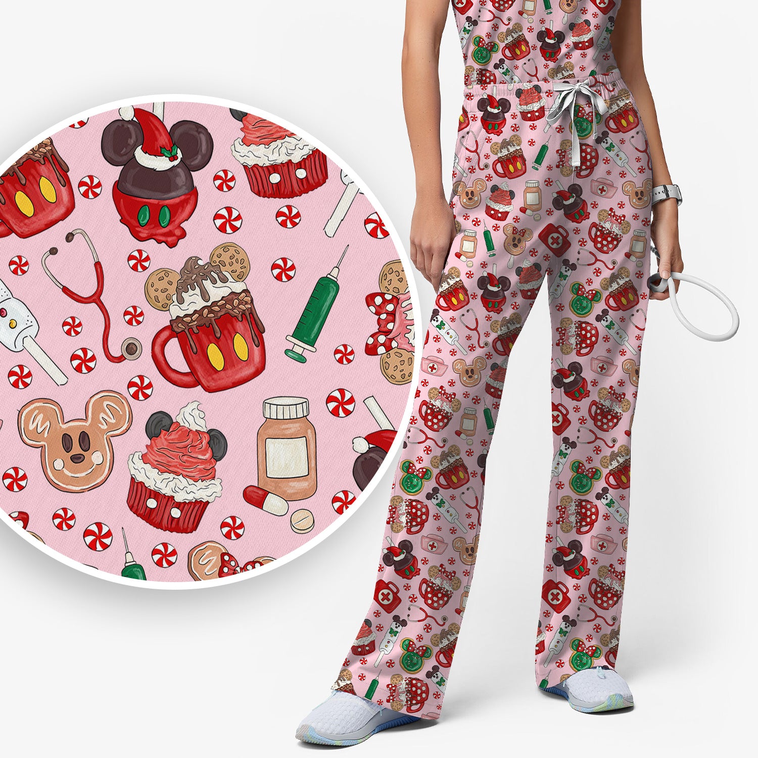 Gingerbread Christmas Comfortable Scrub Set for Nurses - Funny Cookies Candy Cupcake Pants and V Neck Top - Holiday Med Uniform
