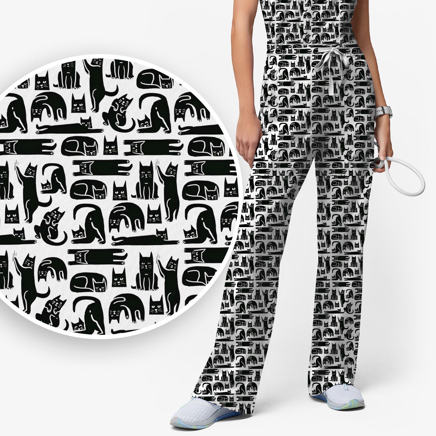 Cute Funny Cat Poses Print Scrub Sets, Scrub Pants and V Neck Top