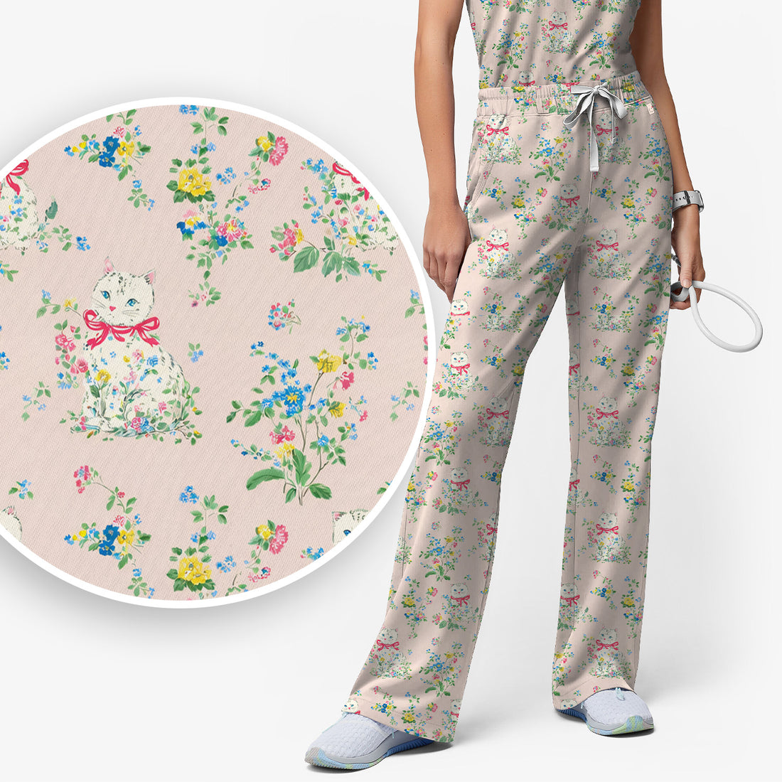Vintage Floral Cat Print Scrub Set, Scrub Pants and V Neck Top