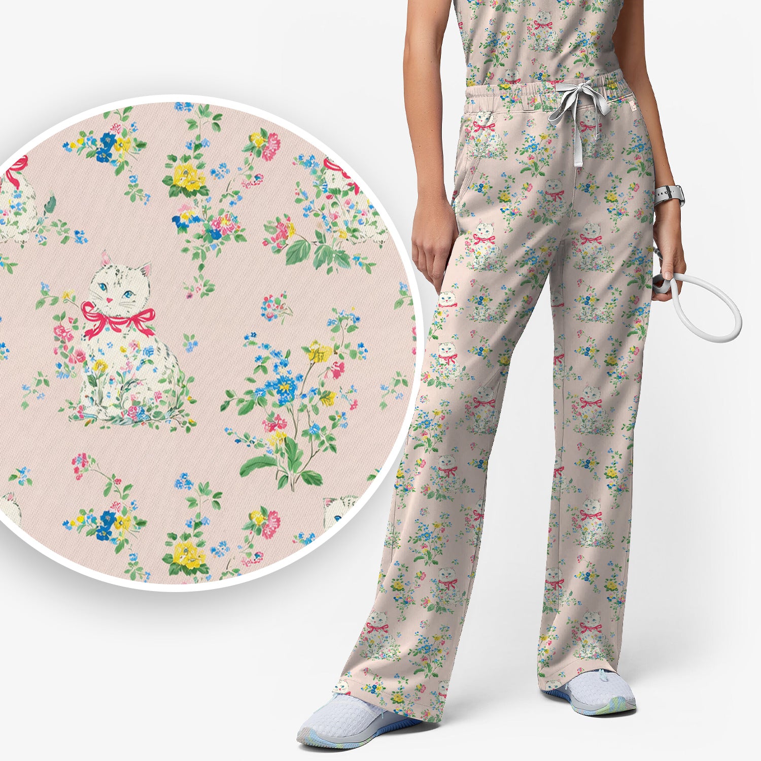 Vintage Floral Cat Print Scrub Set, Scrub Pants and V Neck Top