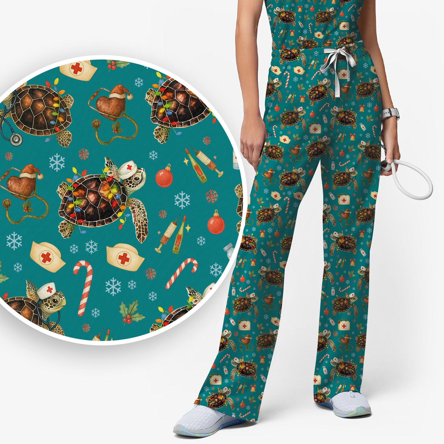 Funny Christmas Scrub Set - Sea Turtle with Xmas Lights Scrubs Pants and V Neck Top - Holiday Nurse Med Uniform for Women