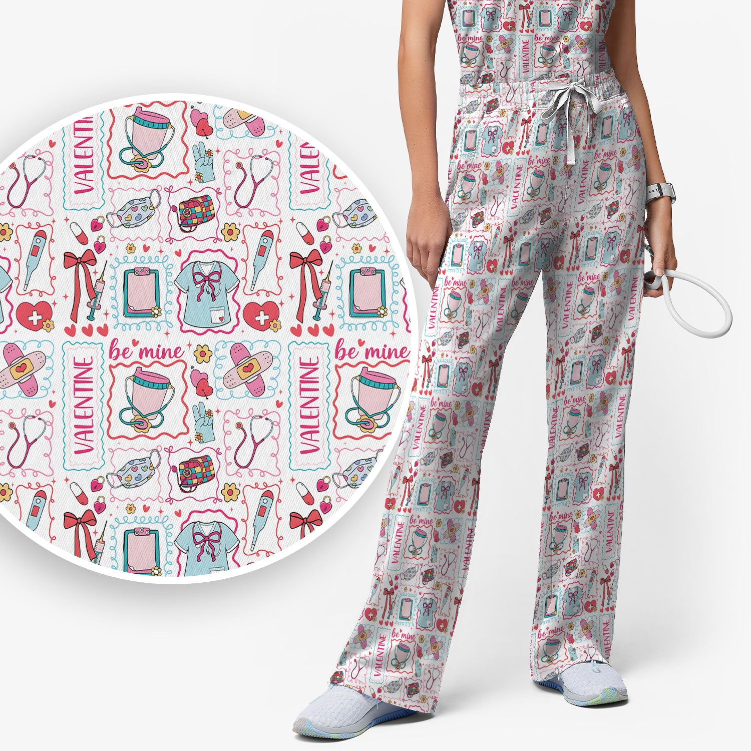 Valentine Medical Hearts Bandages Syringes Scrub Set, Breathable Med Uniform