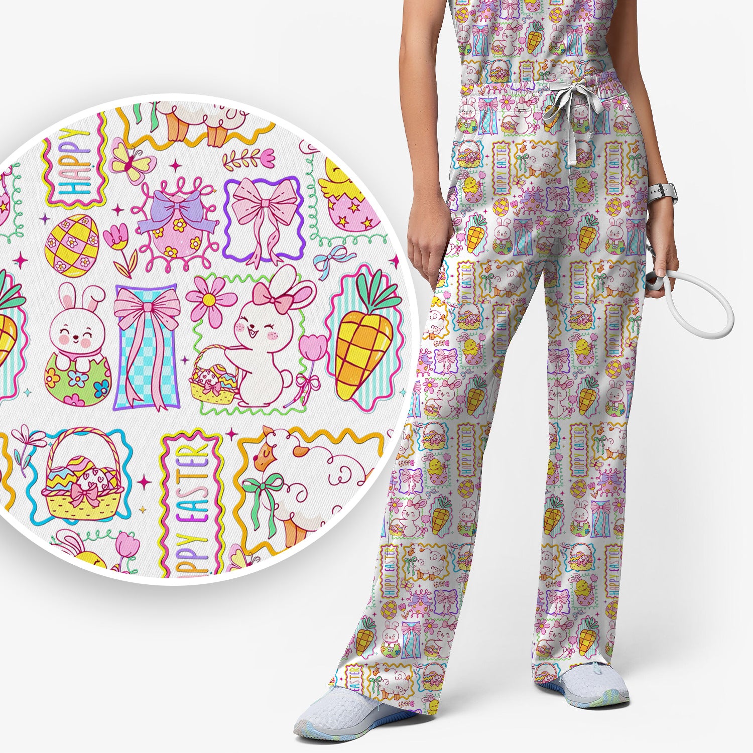 Cute Easter Bunny Egg and Bow Print Scrub Set, Scrub Pants and V Neck Top