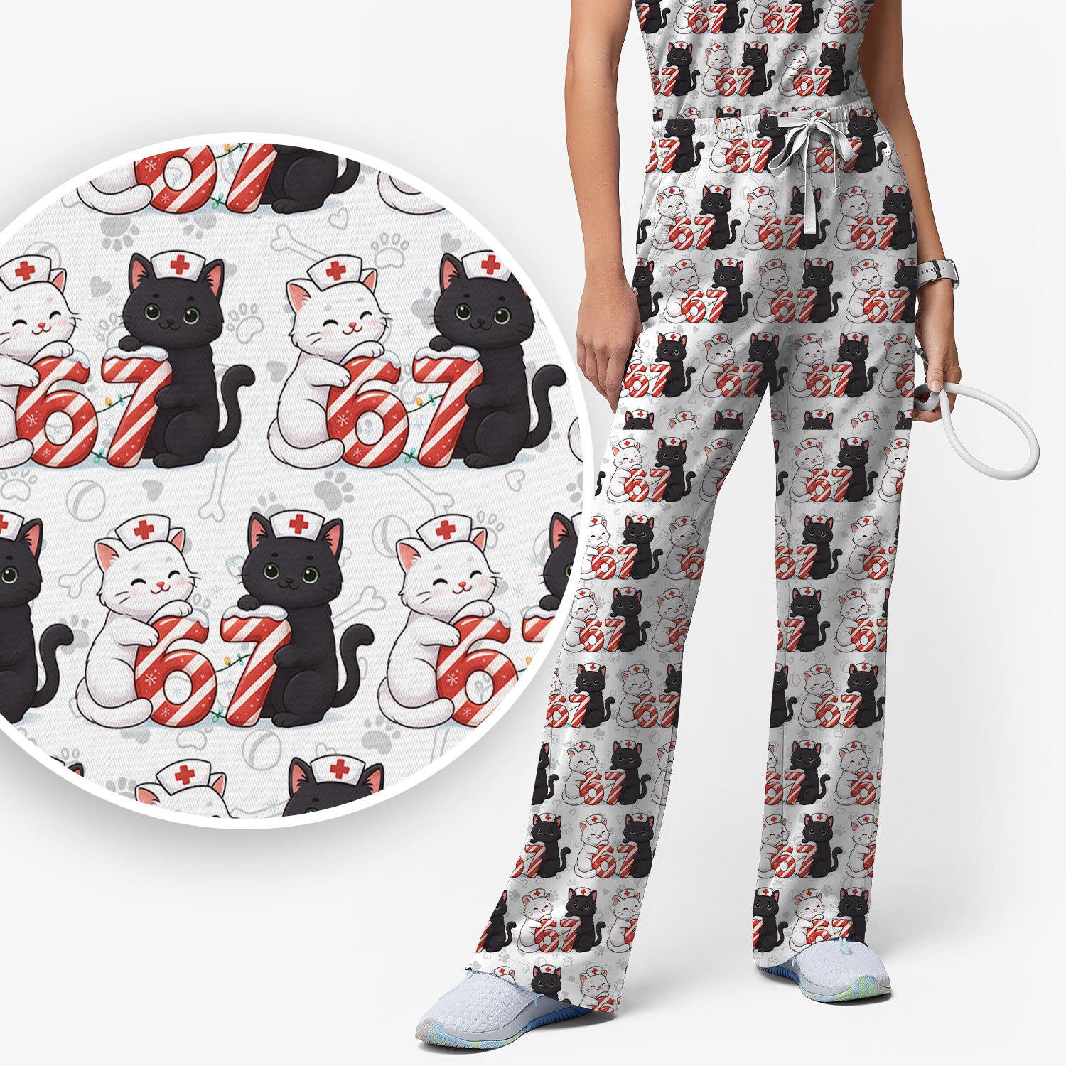 Xmas Cat Pattern Scrub Set, Christmas Nurse Six Seven With Cat Scrub Shirt, Breathable Fabrics Nursing Uniform