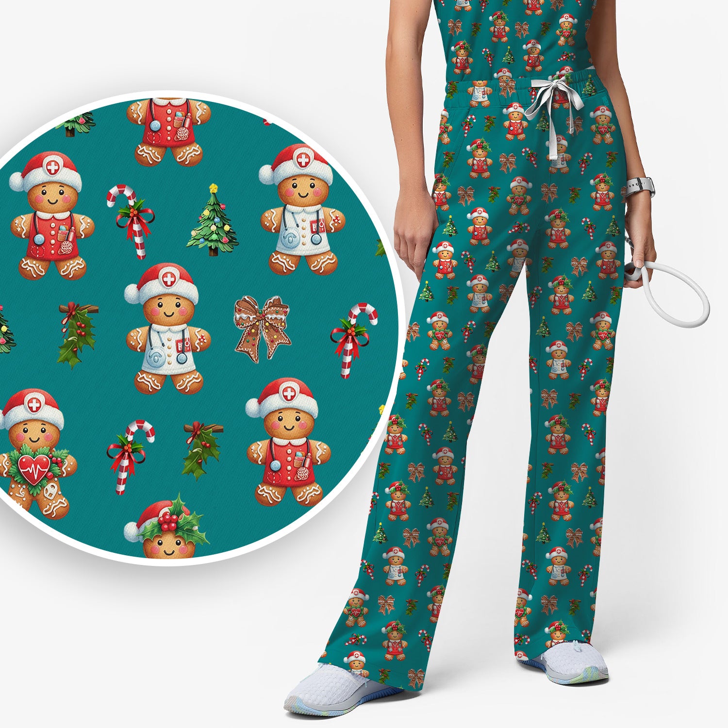 Funny Christmas Scrub Set for Nurse - Adorable Gingerbread Candy Cane Bow- Festive Medical Uniform for Women