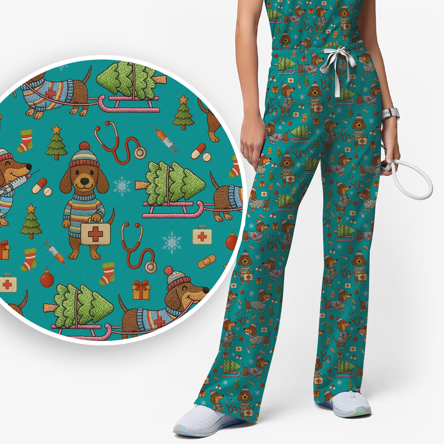 Dachshund Dog Scrub Set For Nurse, Funny Wiener Dog Lover Gift, Cute Dog 3D Knit Pattern Shirt