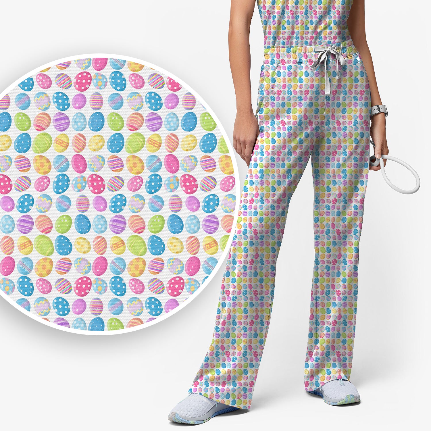 Colorful Easter Eggs Pattern Scrub Set, Scrub Pants and V Neck Top