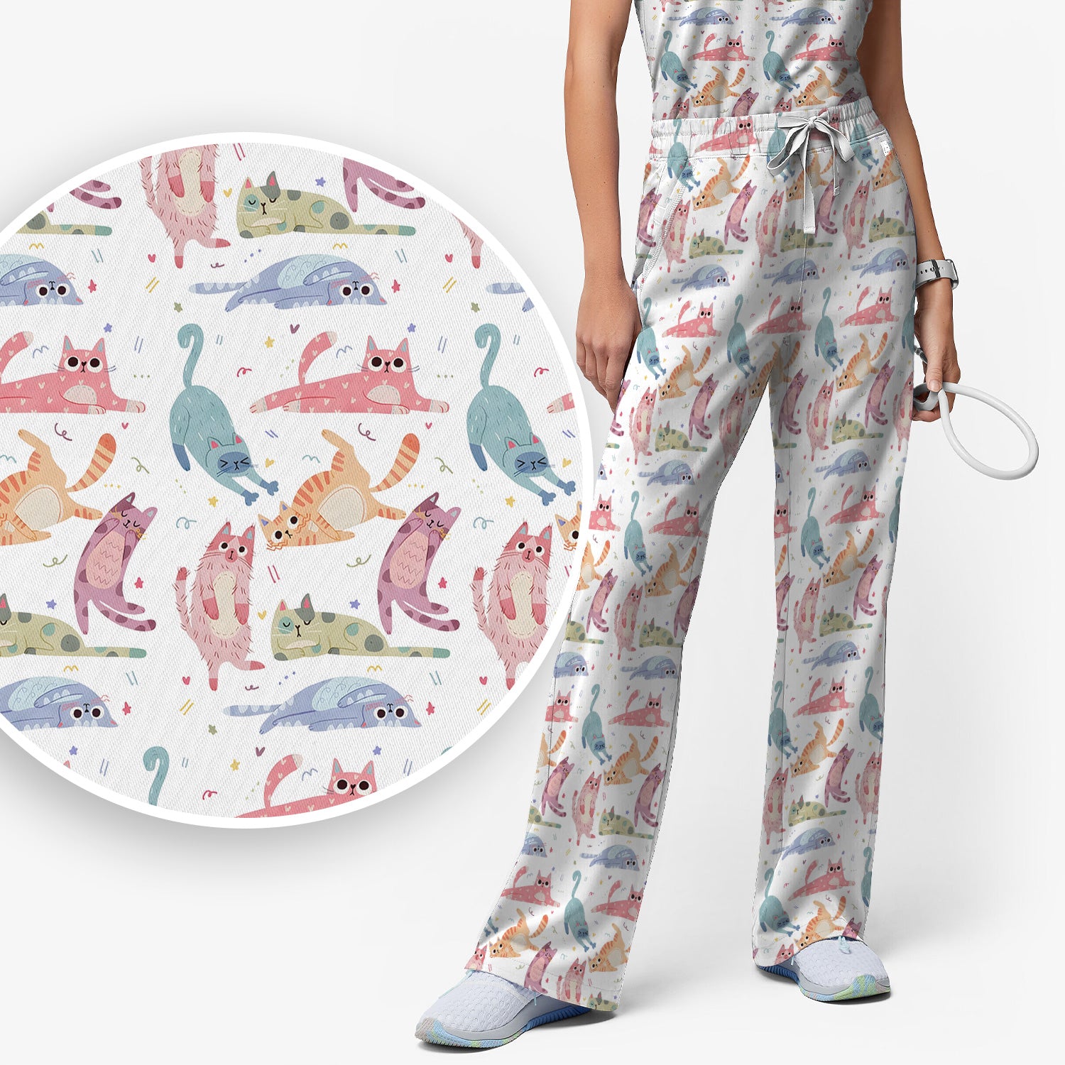 Funny Pastel Cat Pattern Medical Scrub Set, Breathable Fabrics Nursing Uniform