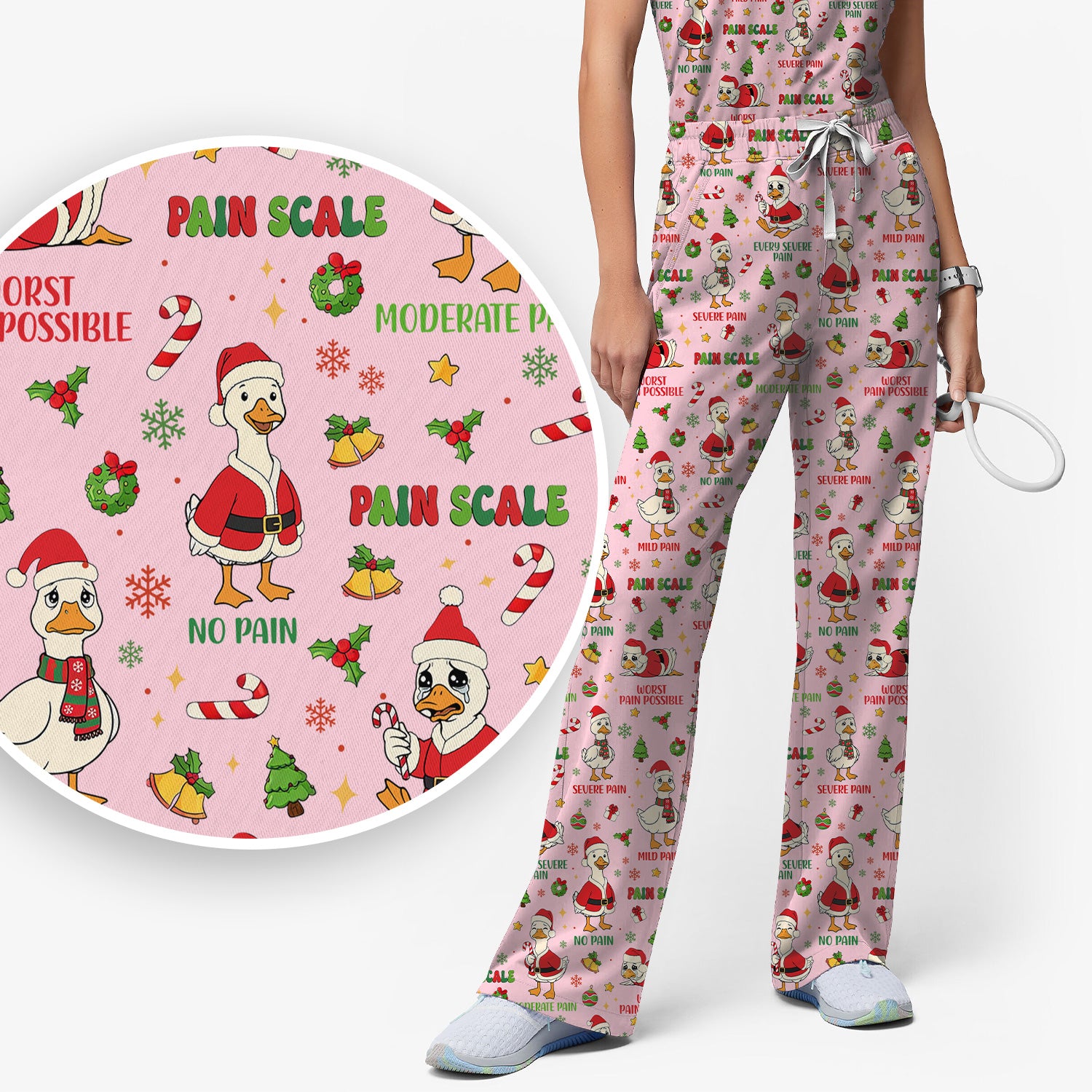Christmas Nurse Scrub Set - Funny Goose Pain Scale Pants and V Neck Top - Cute Holiday Medical Uniform for RN LPN CNA