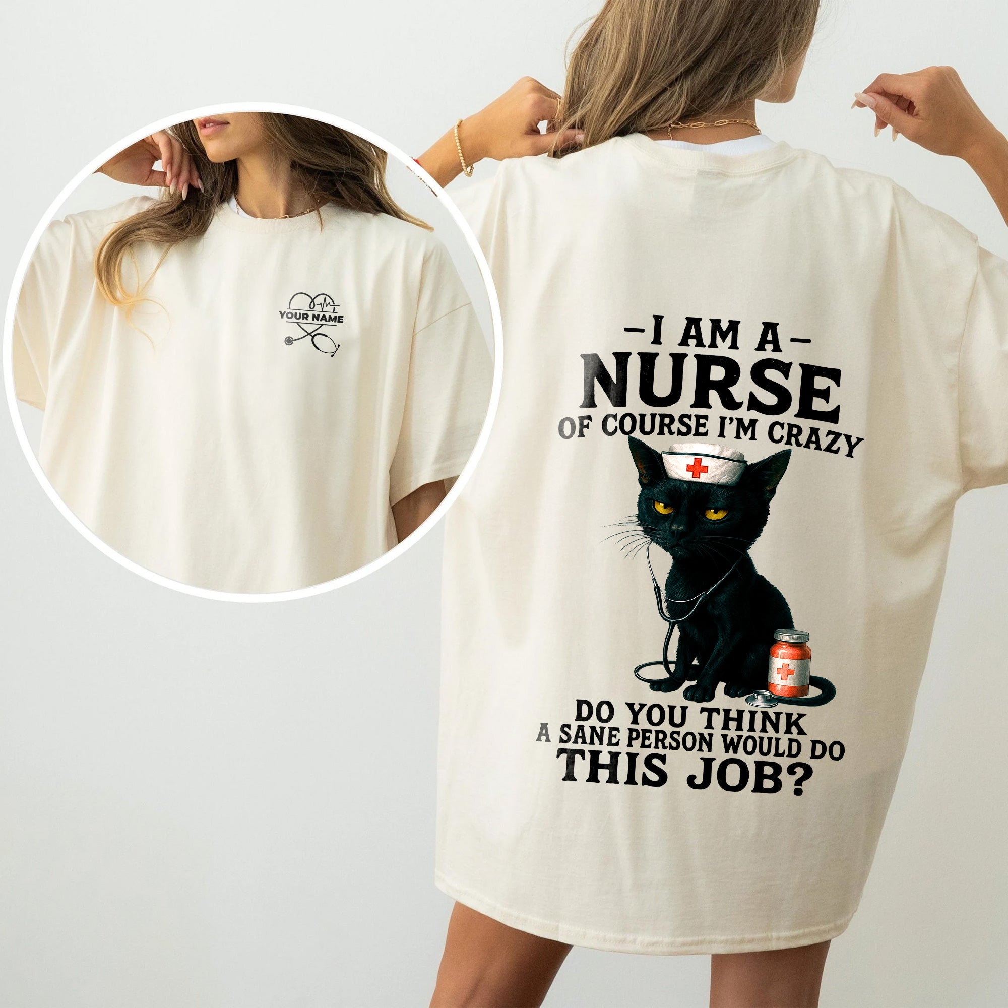 Personalized Funny Nurse Shirt with Black Cat Design – Crazy RN LPN CNA Quote Tee for Women – Custom Name Gift for Healthcare Workers