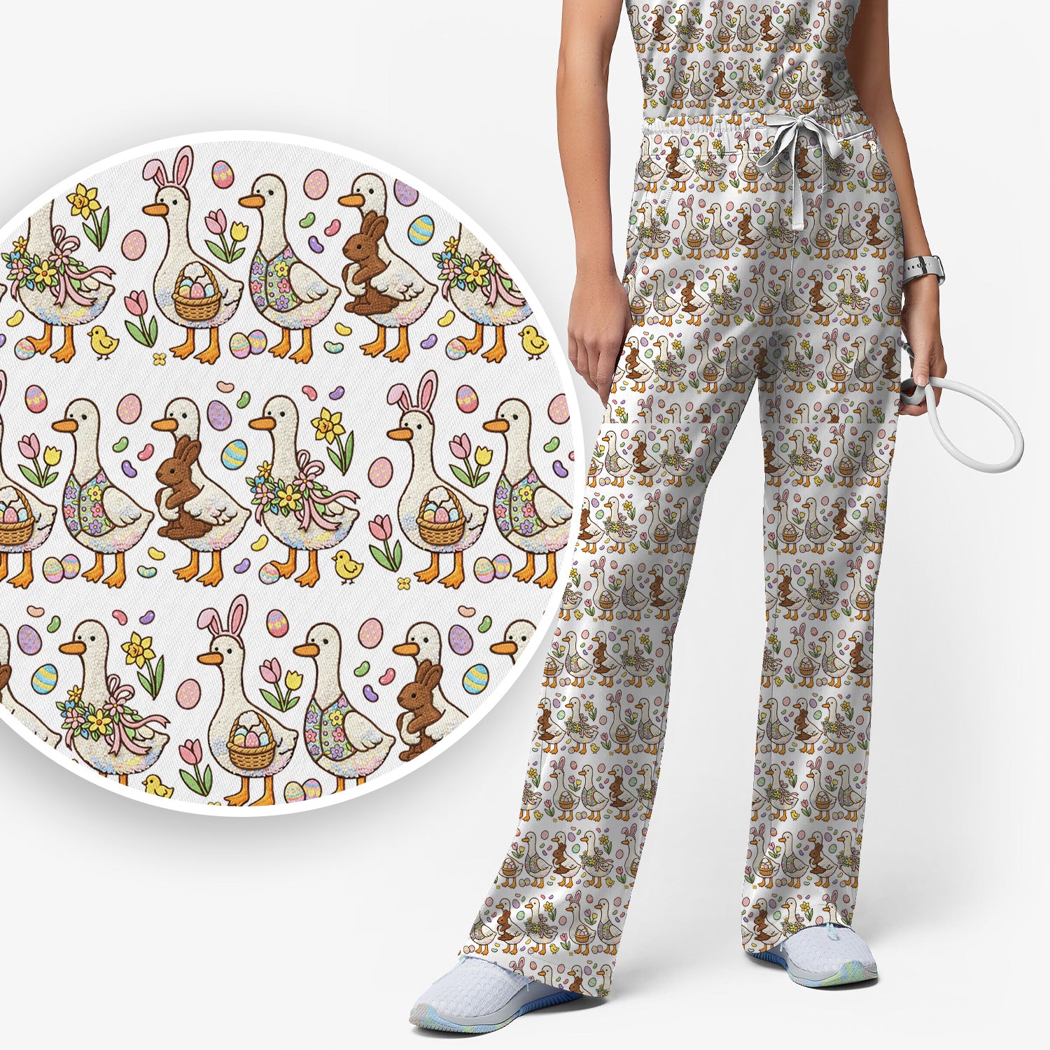 Easter Theme Duck and Bunny Egg Floral Print Scrub Set, Breathable Med Uniform