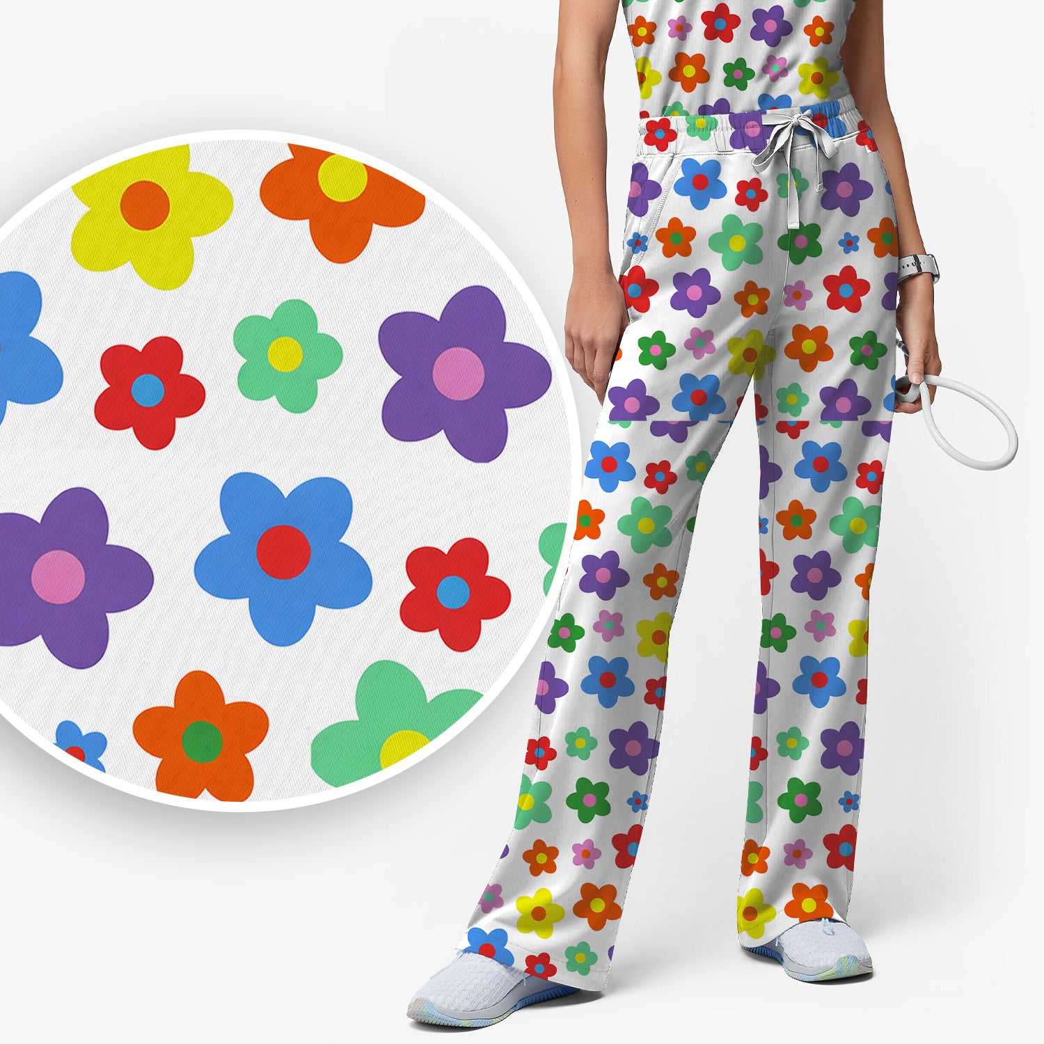 Colorful Retro Flower Pattern Print Scrub Set, Scrub Pants and V Neck Top