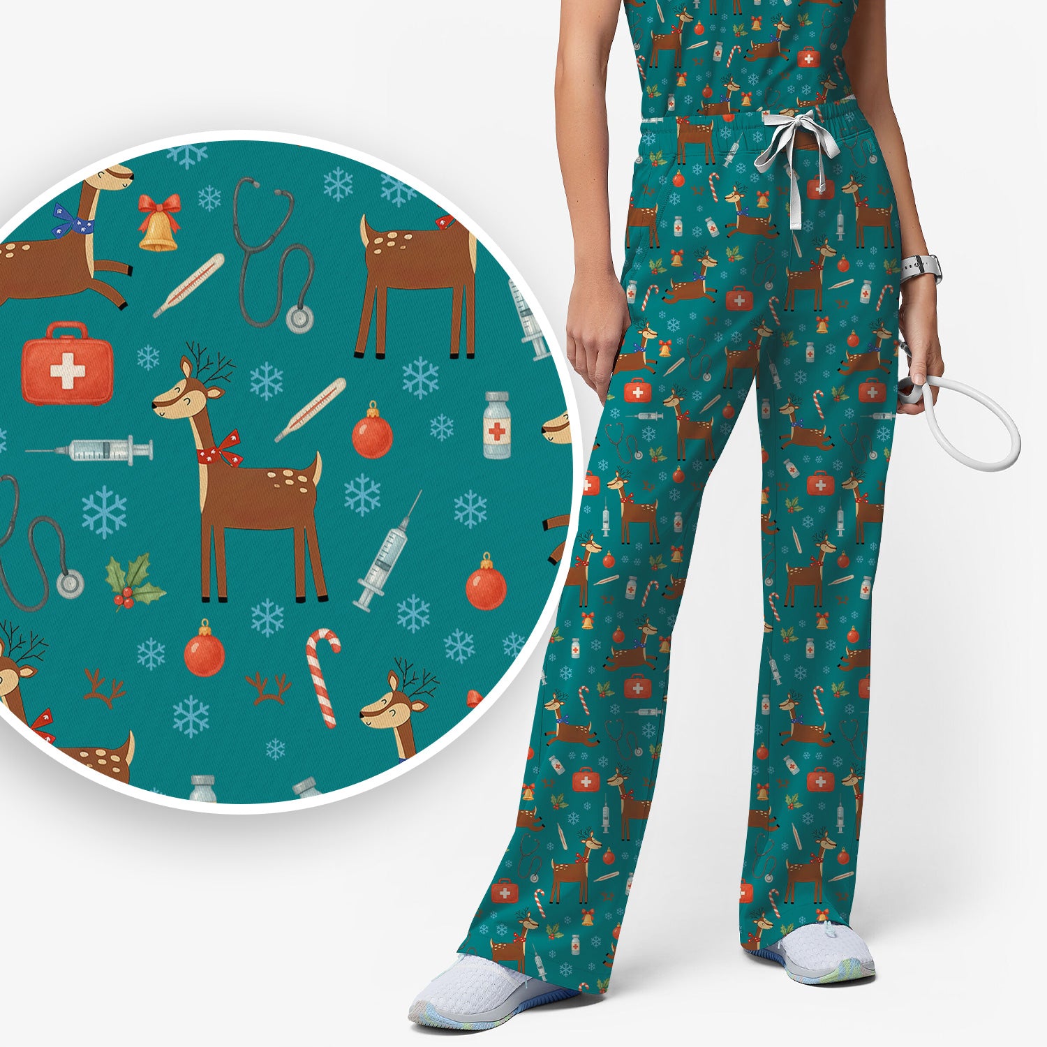 Reindeer Christmas Scrub Set - Snowflakes Candy Canes Holiday Scrubs Pants and V Neck Top - Xmas Gift for Women RN CNA LPN