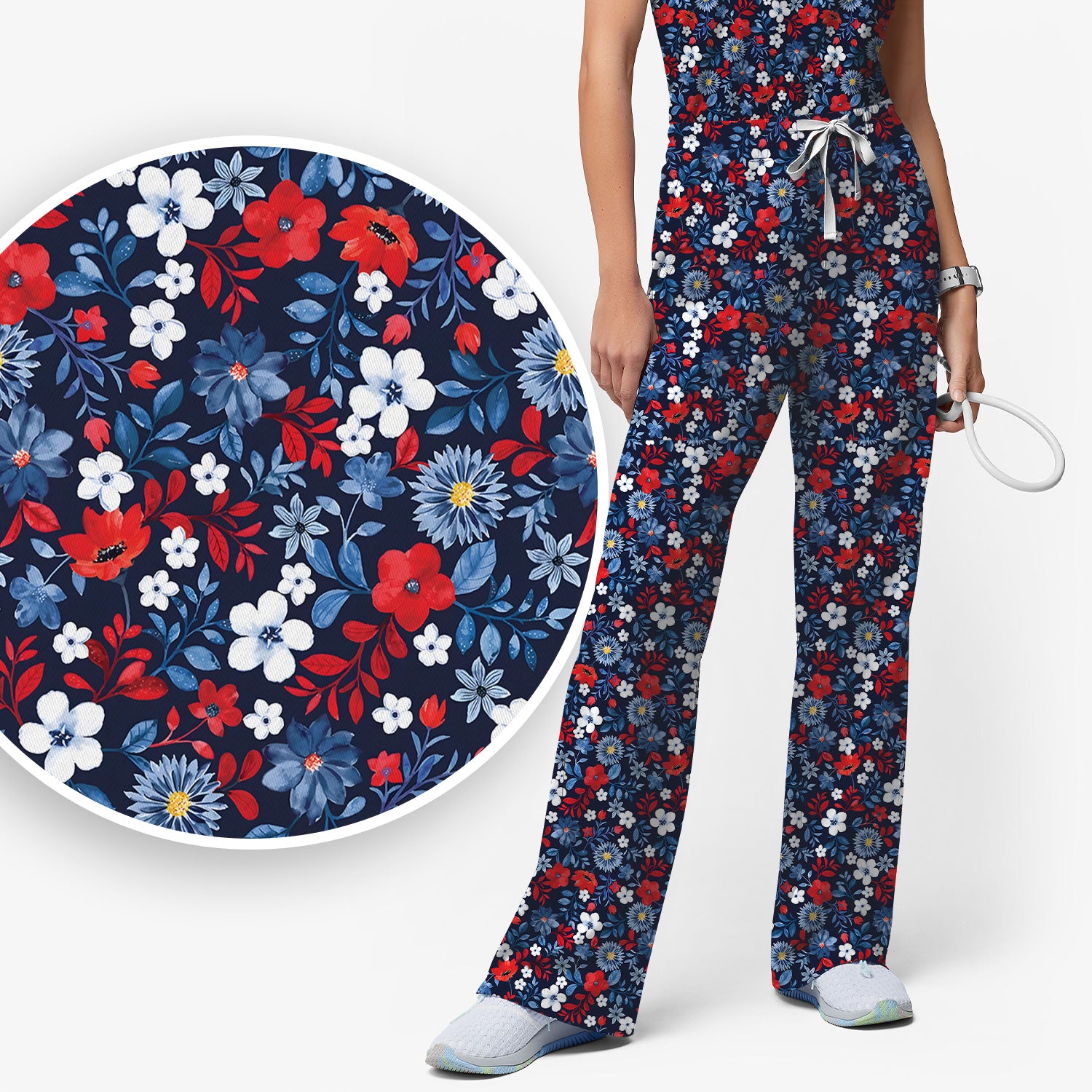Navy Red Floral Nursing Scrub Set V-Neck, Medical Uniform for Healthcare Staff