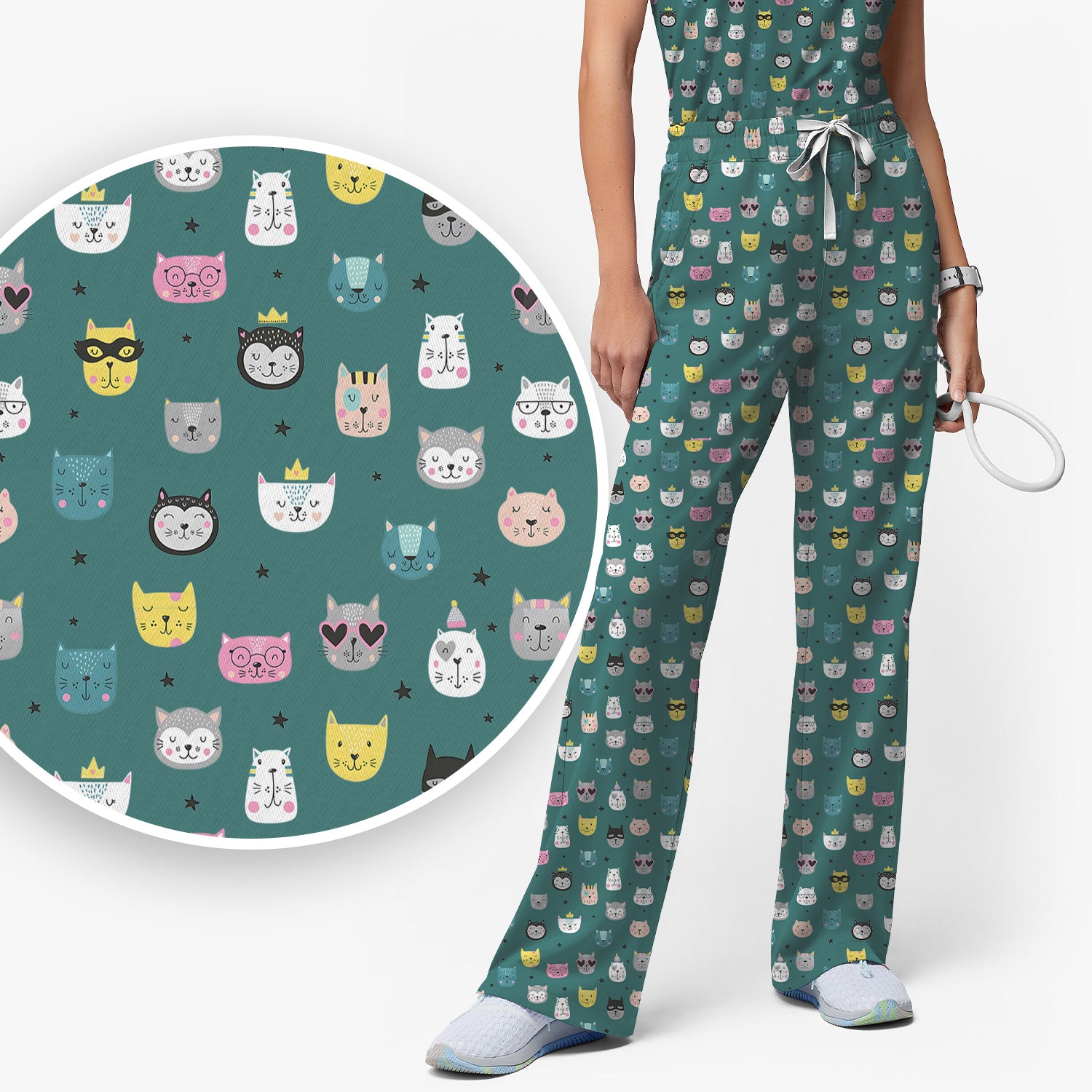 Cute Colorful Cat Pattern Women's Scrub Sets, Breathable Med Uniform