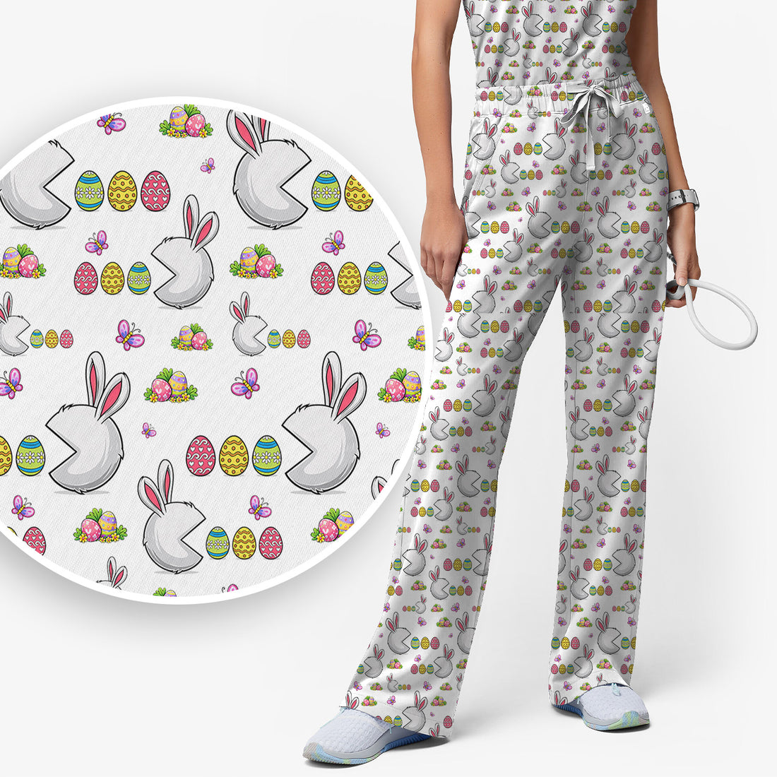 Easter Bunny and Colorful Eggs Print Scrub Set, Breathable Med Uniform