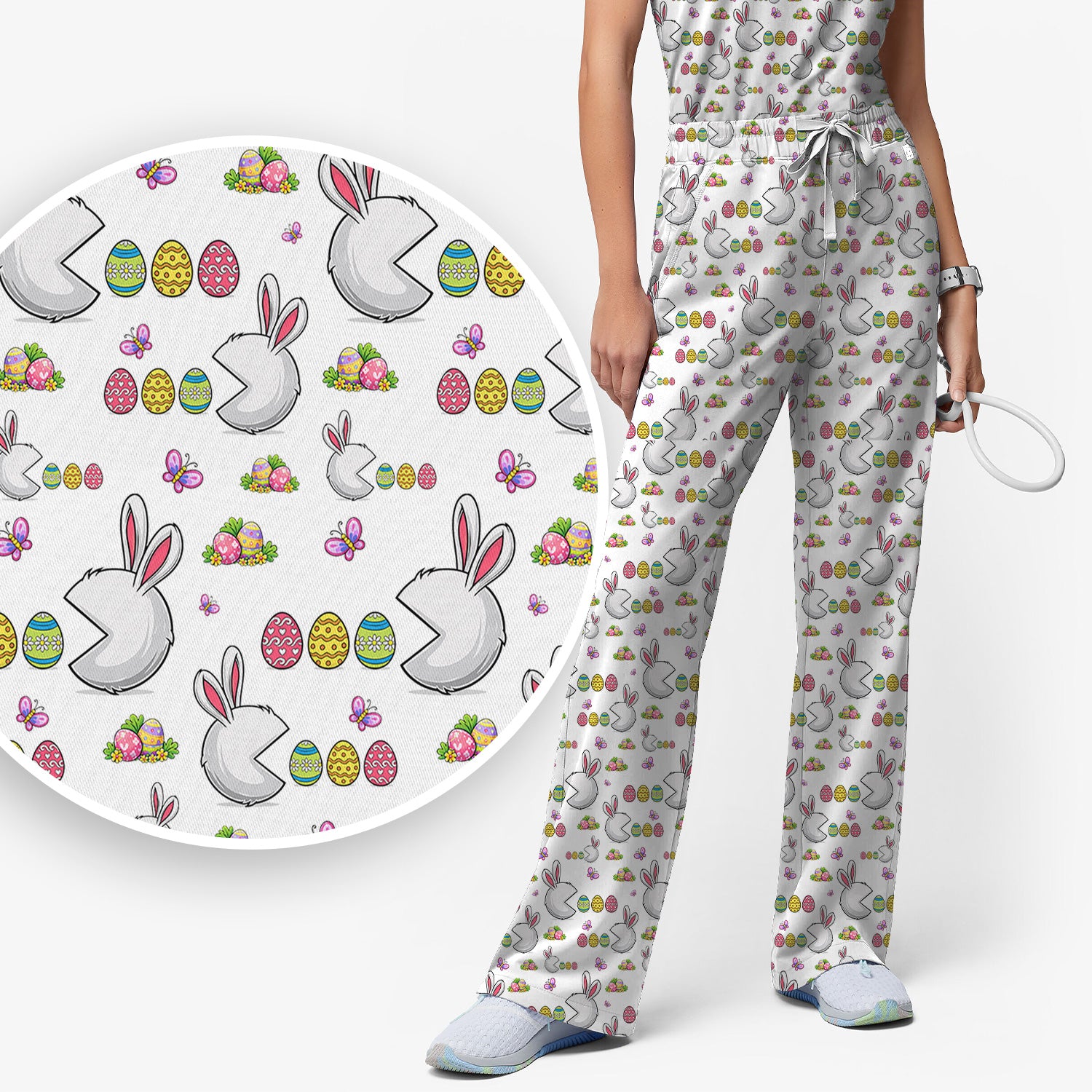 Easter Bunny and Colorful Eggs Print Scrub Set, Breathable Med Uniform