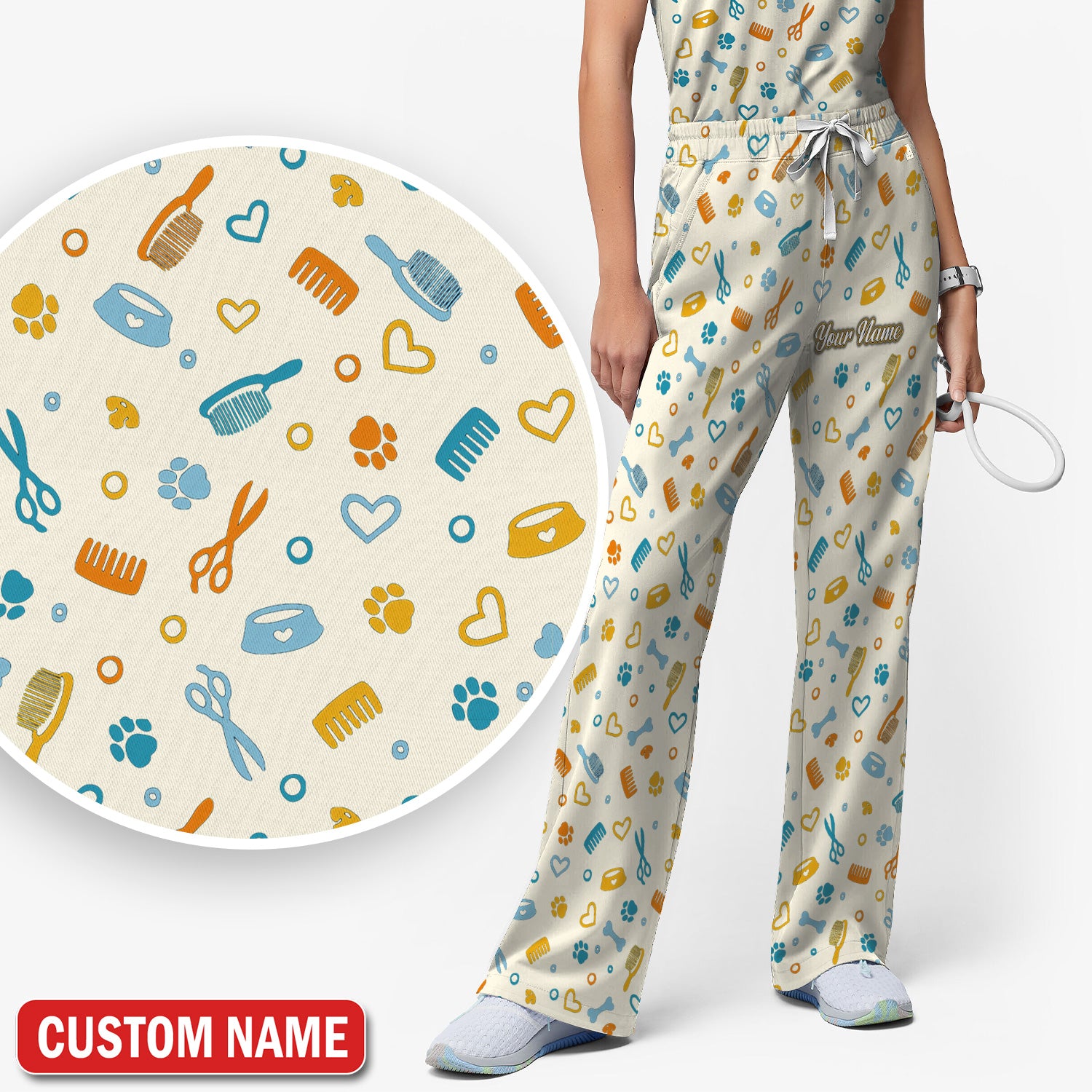 Custom Name Dog Cat Grooming Pattern Scrub Set, Scrub Pants and V Neck Top