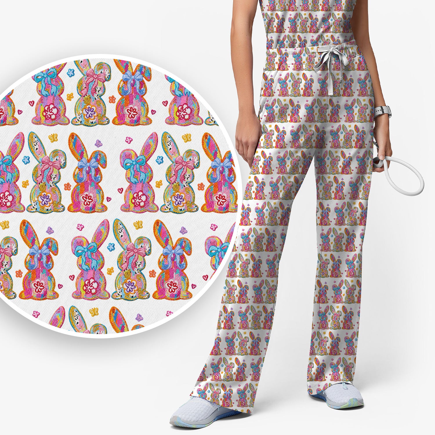 Cute Pastel Bunny Floral Pattern Scrub Set, Breathable Med Uniform