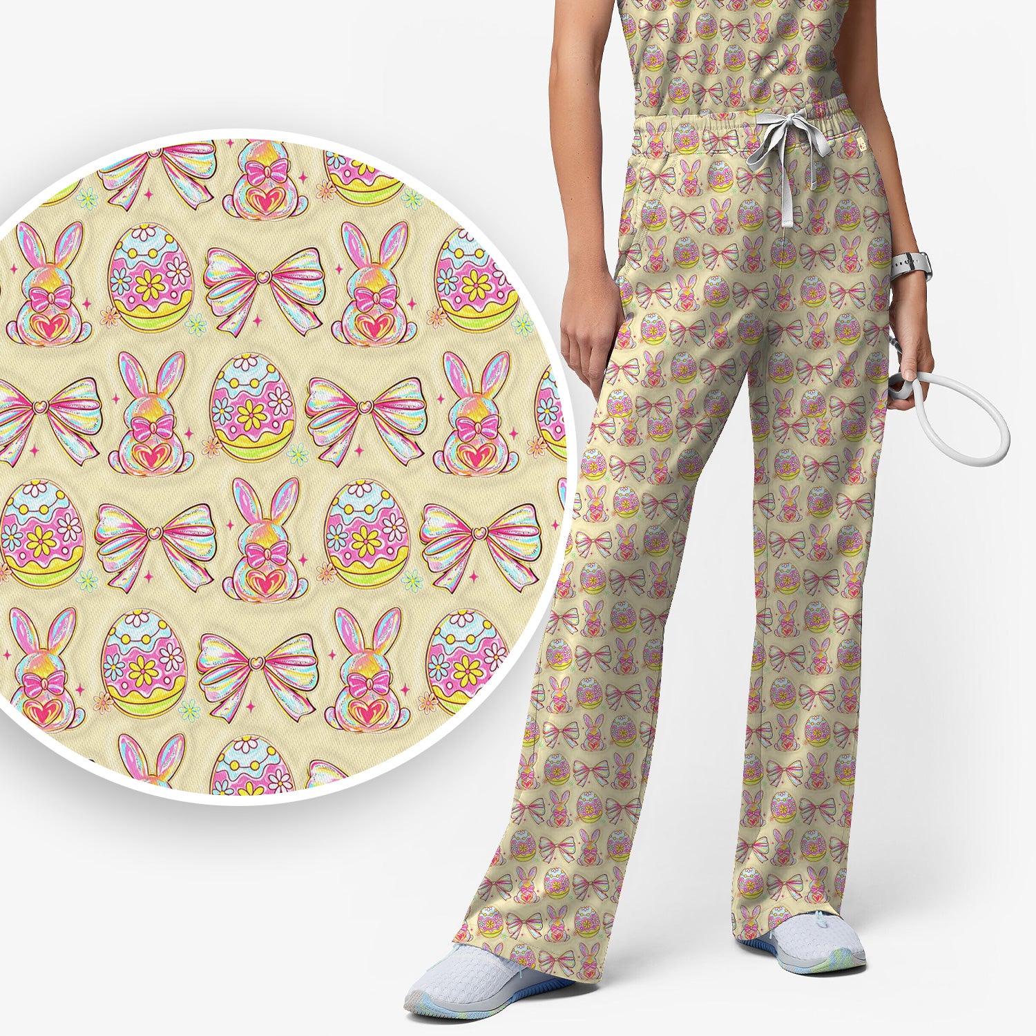 Easter Bunny Pastel Egg Bow Pattern Scrub Set, Breathable Med Uniform