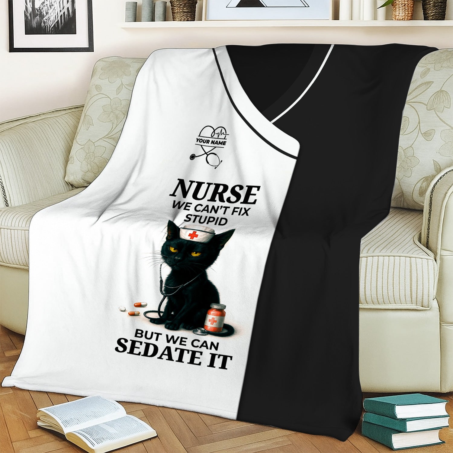 Personalized Funny Nurse Black Cat Blanket - Multiple Color Options Available - Custom Name Gift for RN CNA LPN Healthcare Workers