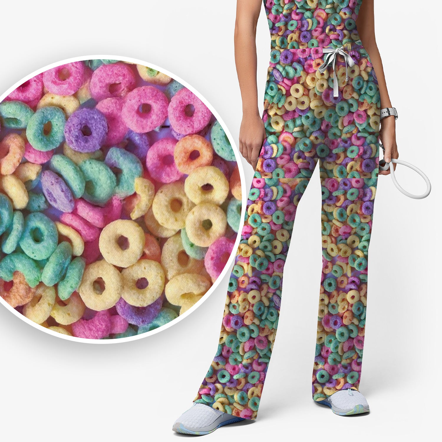 Colorful Cereal Loops Pattern Scrub Set, Scrub Pants and V Neck Top